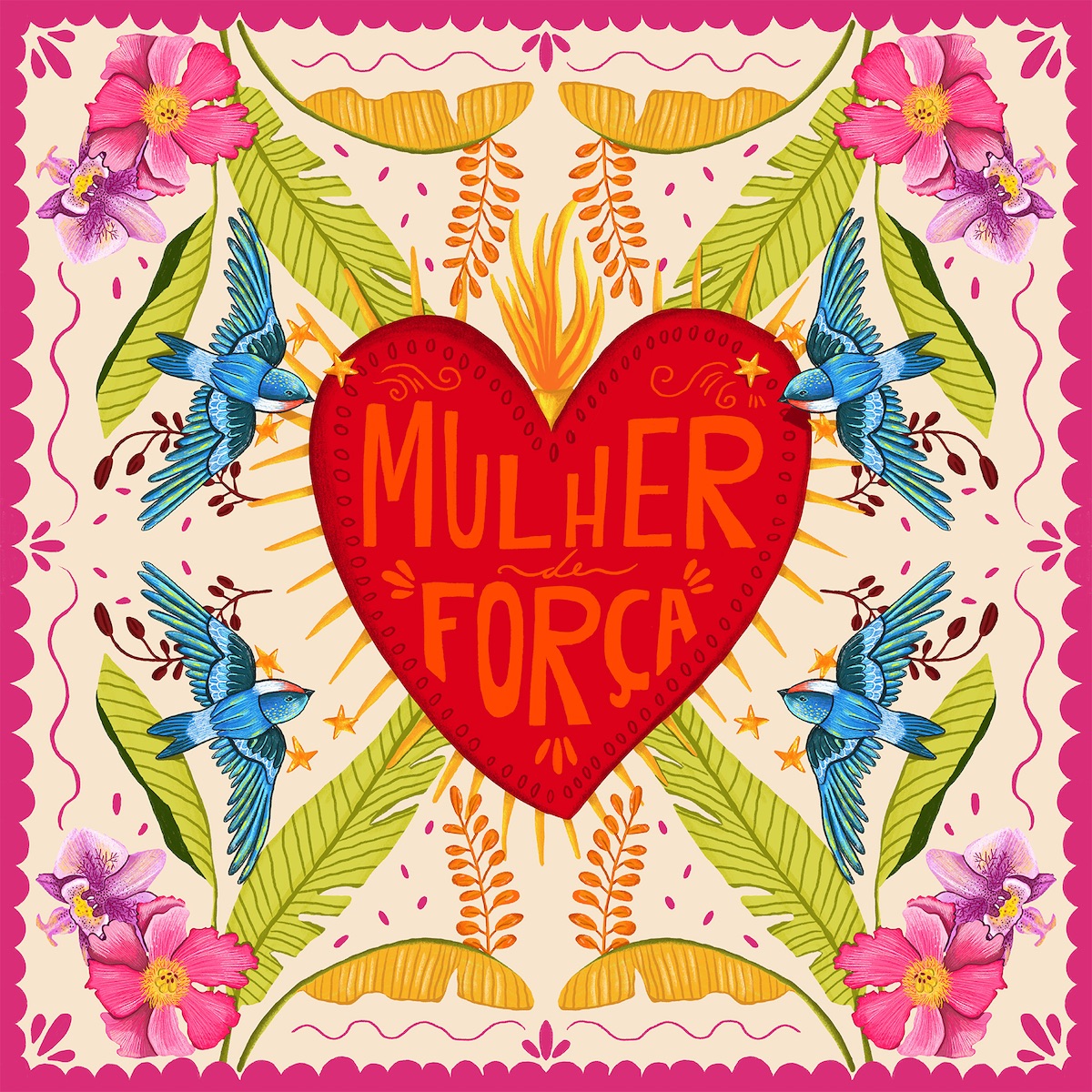 POSTAL "MULHER DE FORÇA" RITA ROBALINHO Coração vermelho com texto Mulher de Força rodeado por pássaros, flores e folhas coloridas