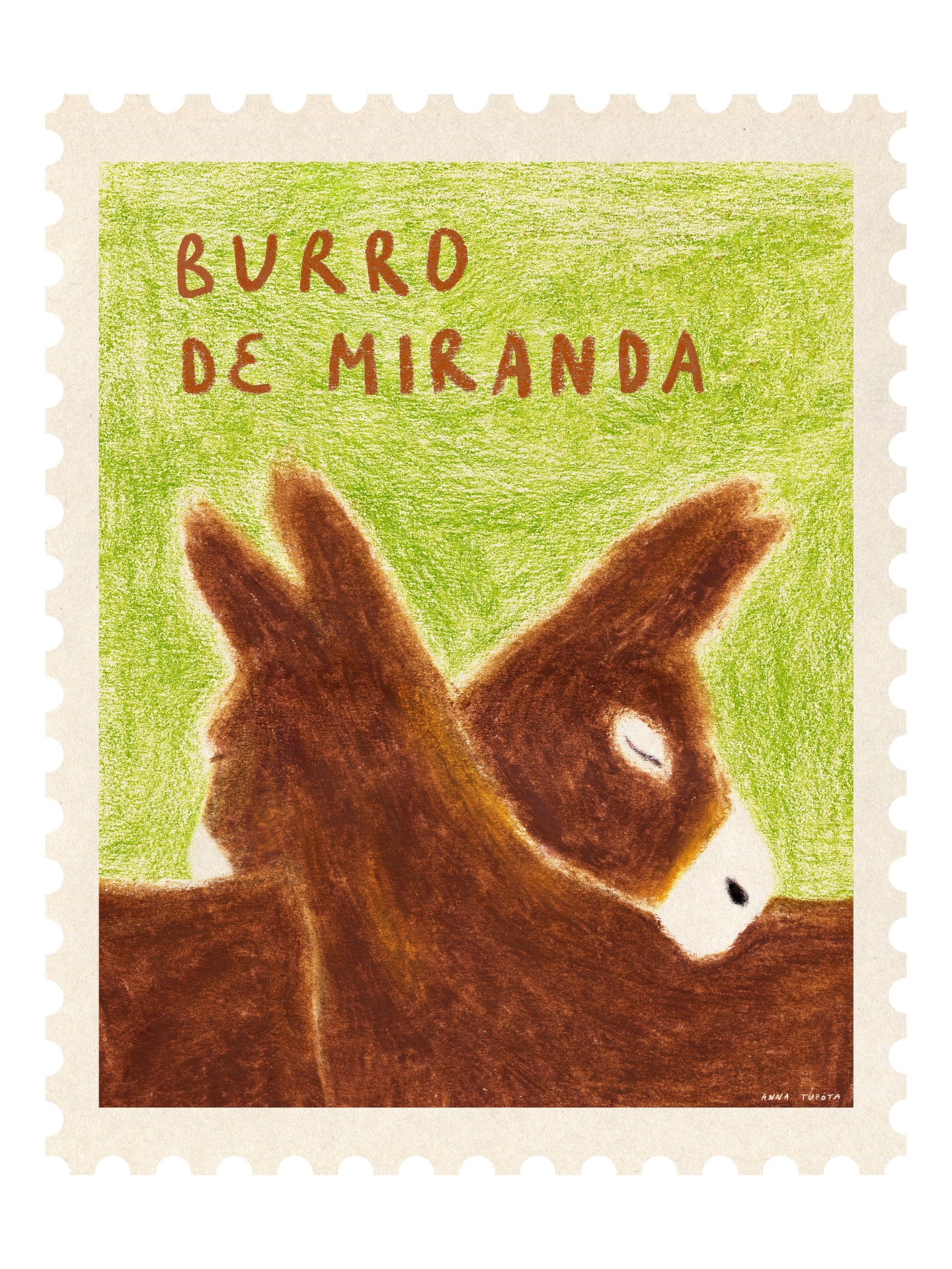 ILUSTRAÇÃO "1. BURRO DE MIRANDA" ANNA TUPOTA Ilustração colorida de dois burros castanhos sobre fundo verde com texto Burro de Miranda
