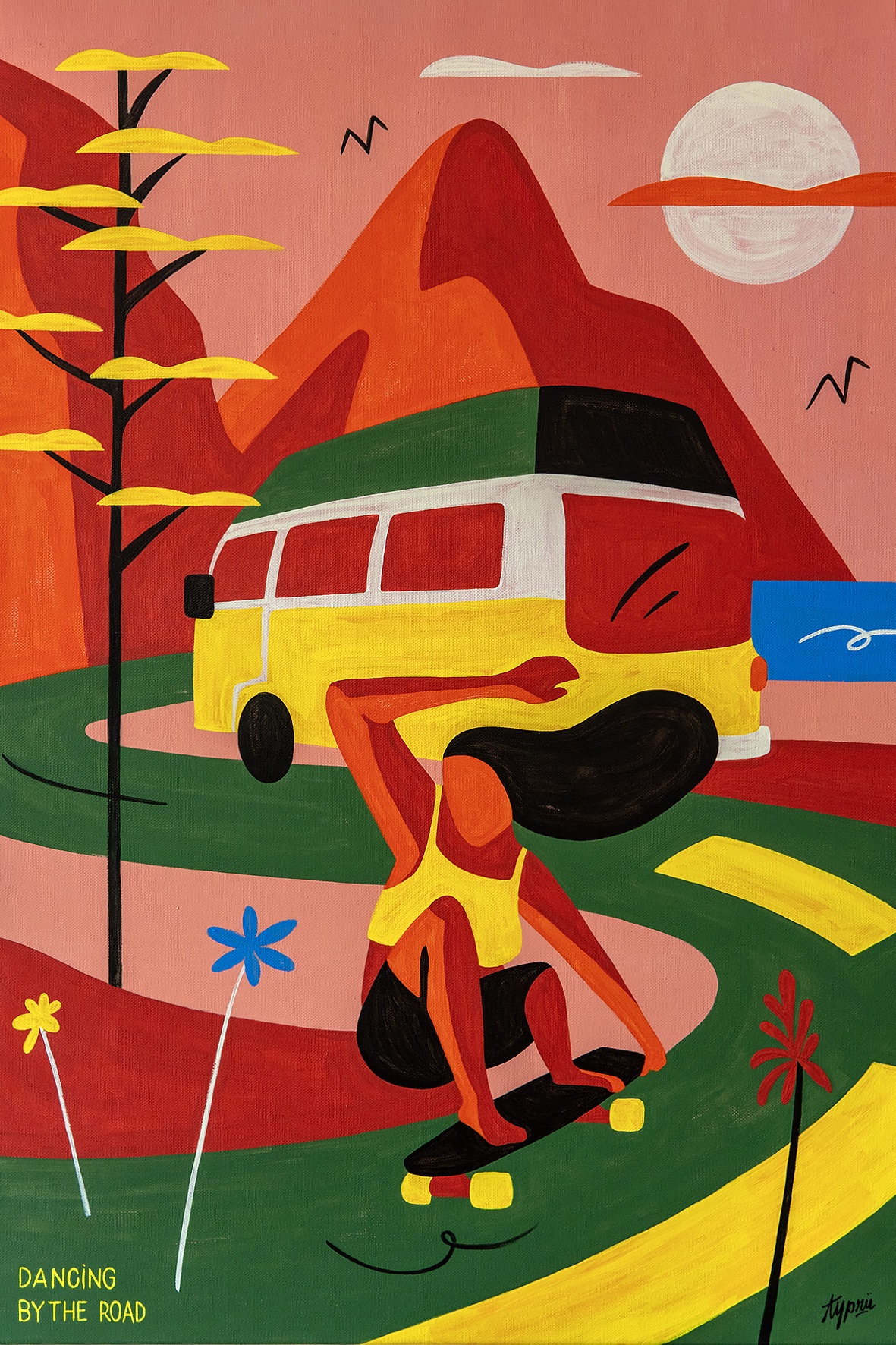 ILUSTRAÇÃO "DANCING ROAD" TYPRU Ilustração de skateboarder com autocarro e montanhas ao fundo