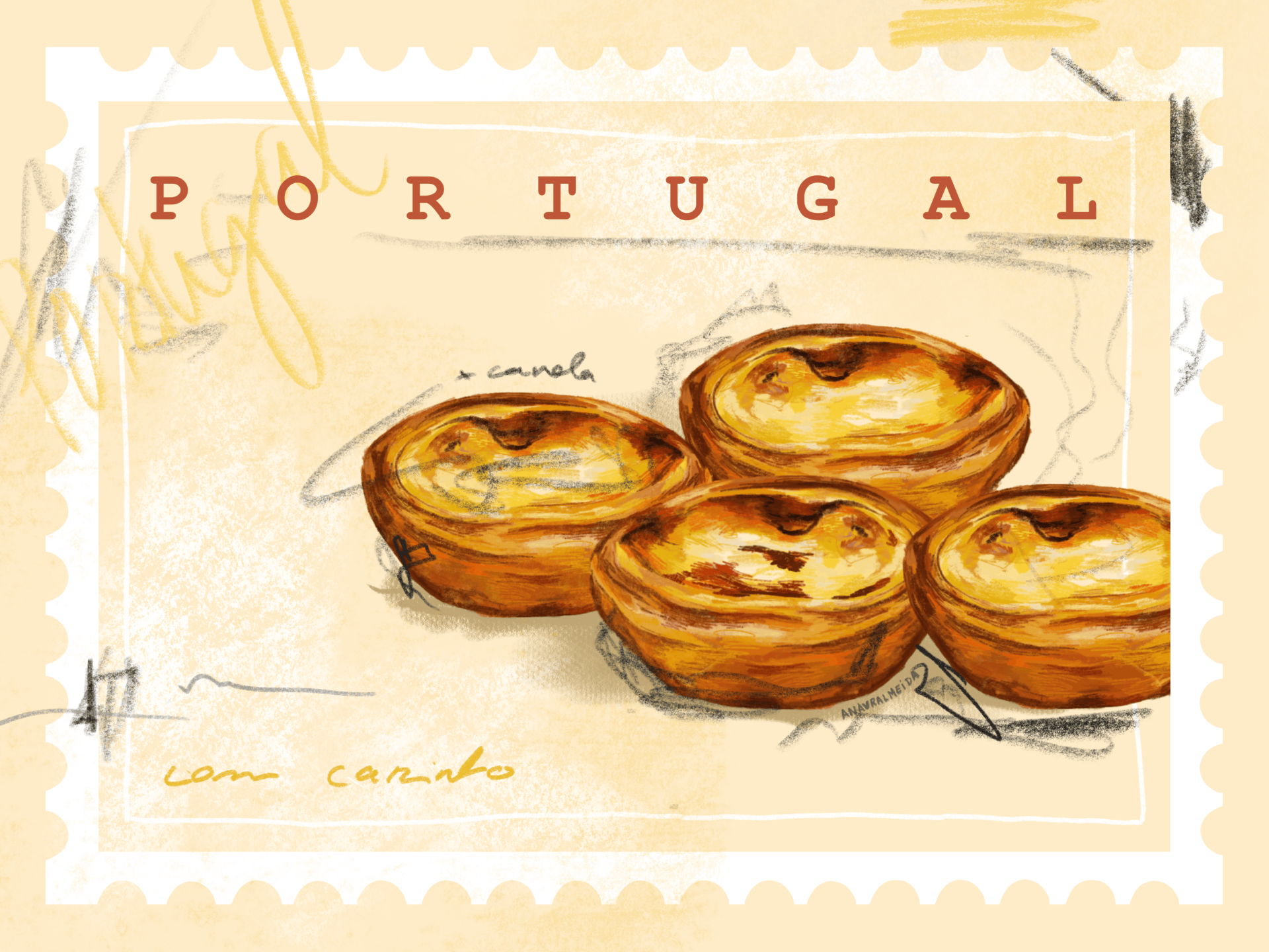 ILUSTRAÇÃO "1. COM CARINHO E CANELA" ANA LUÍSA ALMEIDA Ilustração de pastéis de nata com texto Portugal