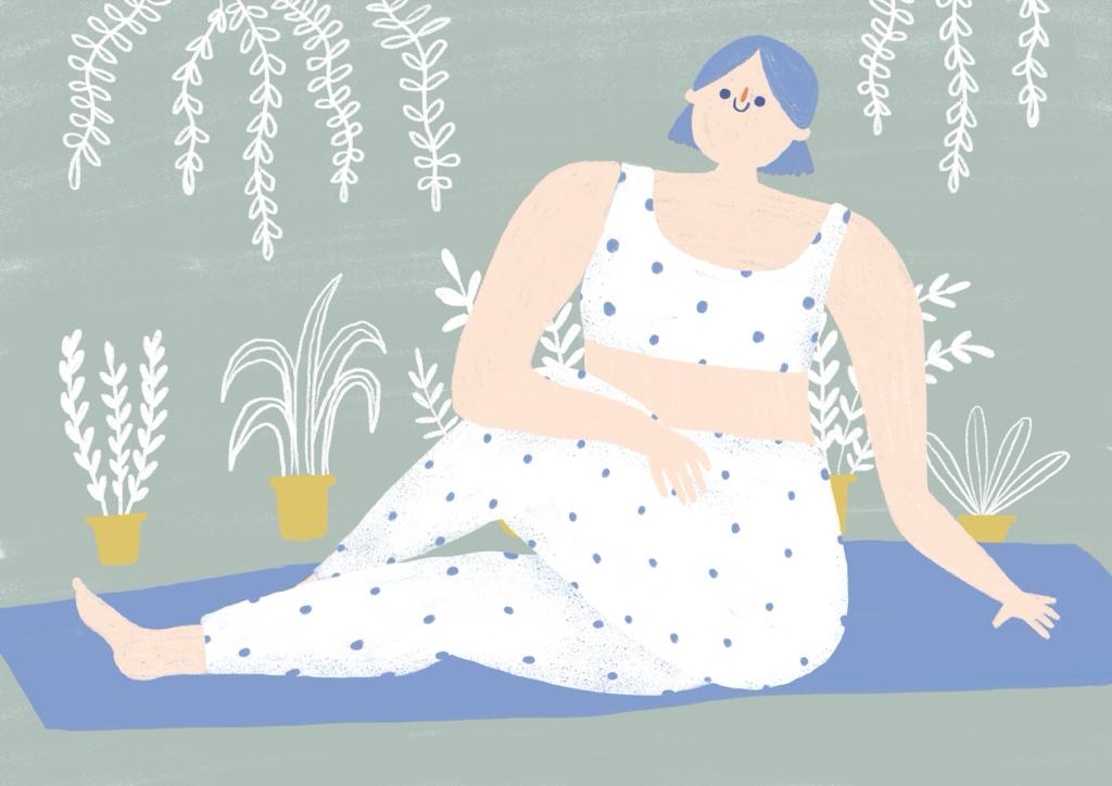 ILUSTRAÇÃO "FAZER IOGA" GAMBUZINO (MARGARIDA ELOY) Ilustração de mulher com roupa branca e bolinhas azuis a fazer yoga