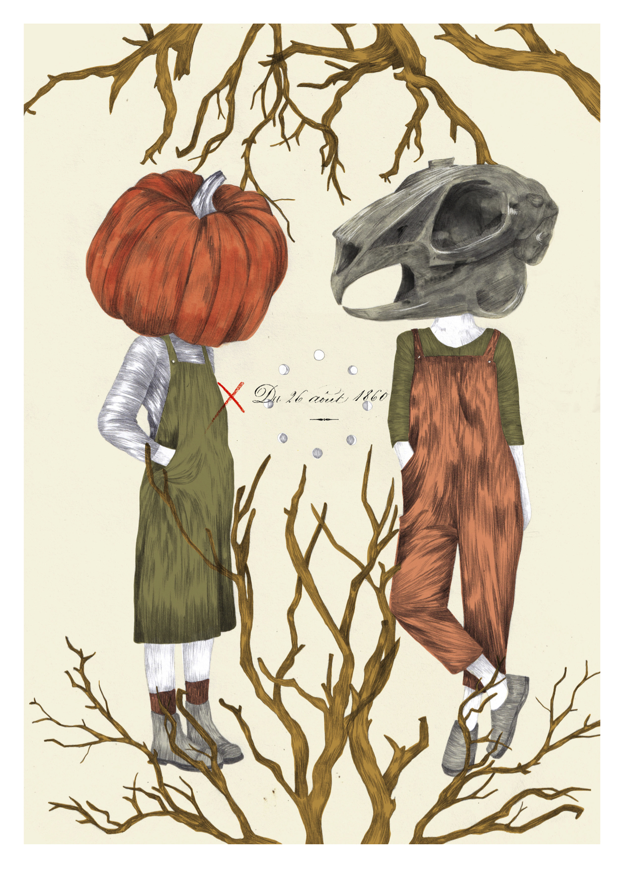 "O FIM DO CICLO" CLÁUDIA SALGUEIRO - QUEM VAIS SER? O QUE VAIS FAZER? DOCE OU TRAVESSURA? Ilustração surreal com duas figuras com cabeças incomuns e galhos secos ao fundo