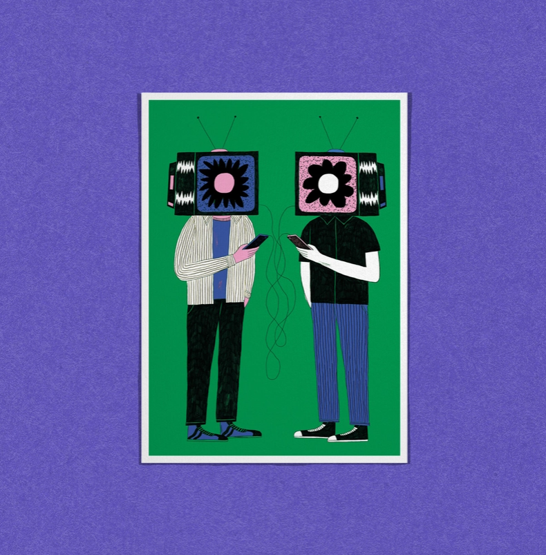 POSTAL "IT'S A MATCH" DANS LES DENTS Ilustração de figuras com cabeças de televisão segurando telemóveis