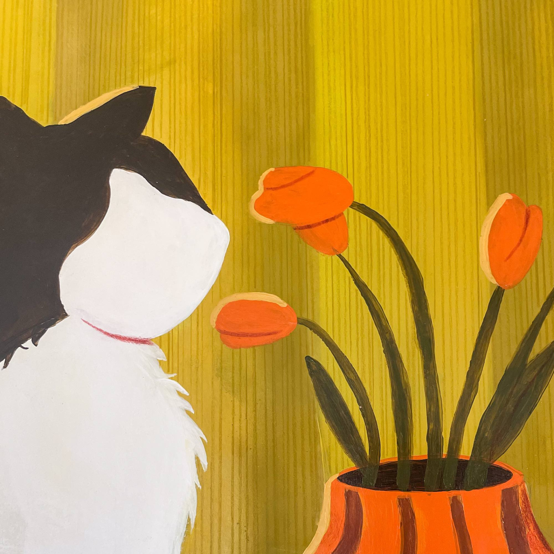ORIGINAL "BOAVISTA" SARA FELGUEIRAS Pintura decorativa de gato preto e branco com vaso laranja de flores vermelhas