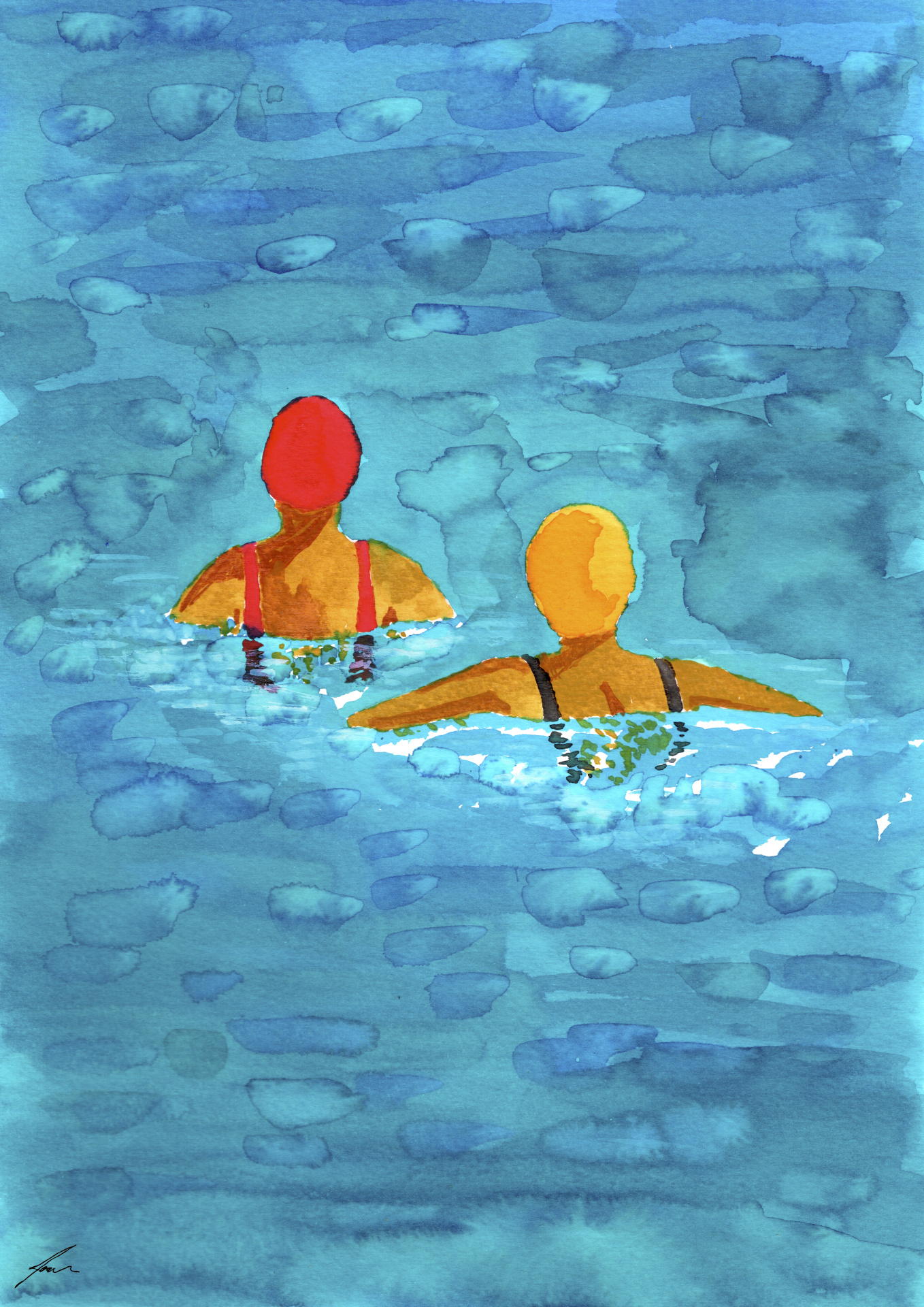 COLETIVO BEST OFF 2026 "COMPANHIA" JOANA NÓBREGA Ilustração de duas pessoas a nadar de costas, com toucas coloridas e fatos de banho, em água azul aguarelada.