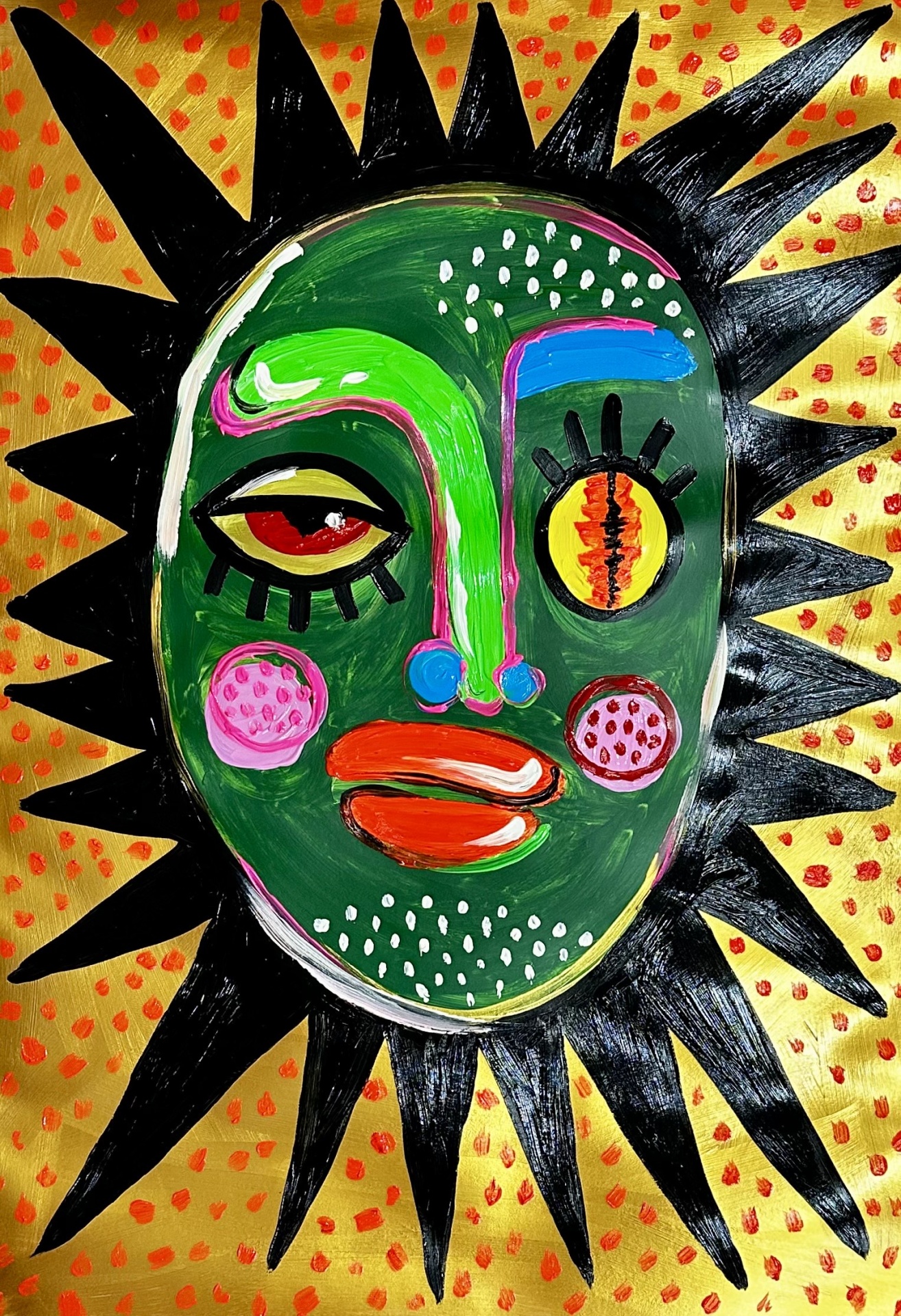 PINTURA "QUEEN OF UNCERTAINTY" MARTA PINTO Pintura abstrata de rosto colorido com fundo dourado e espinhos pretos