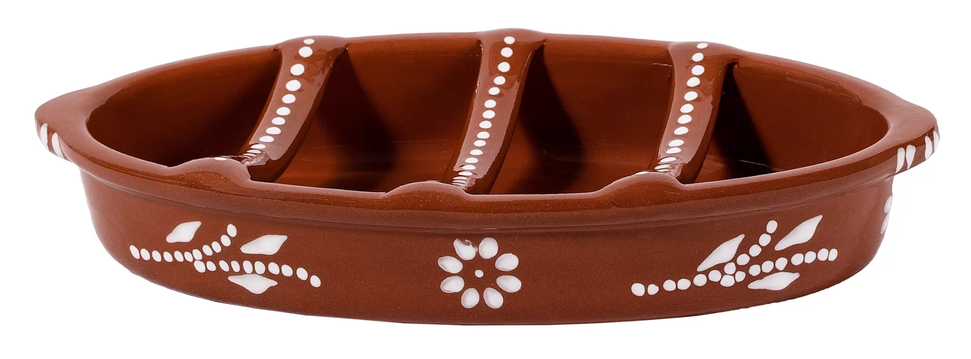 ASSADOR CHOURIÇO PINTADO "Nº2 - 25cm" SOCERAMICA Travessa de cerâmica oval castanha com divisórias e decoração branca