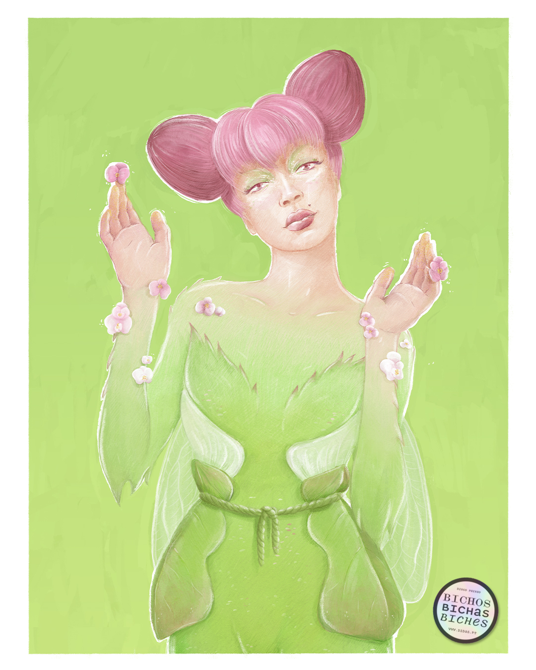 ILUSTRAÇÃO "JUDITE" DIOGO PAIXÃO Mulher com cabelo rosa e vestido verde com detalhes de folhas e flores em fundo verde