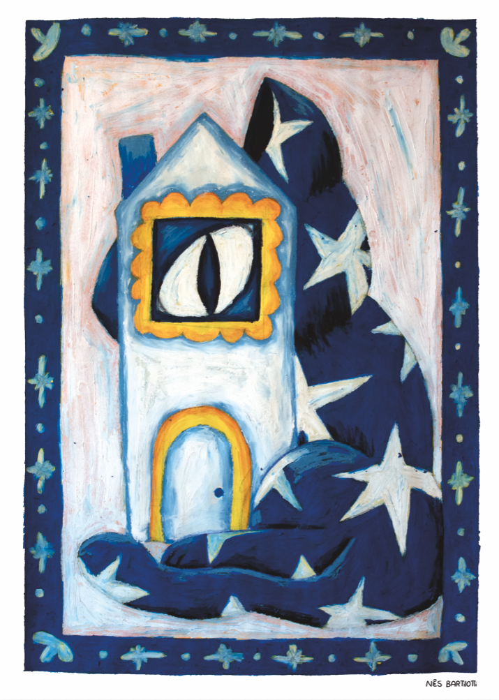 ORIGINAL A2 "GATO À JANELA" INÊS BARTILOTTI Ilustração de uma casa branca com janela amarela e um gato azul com estrelas brancas enrolado, em moldura azul com estrelas e corações