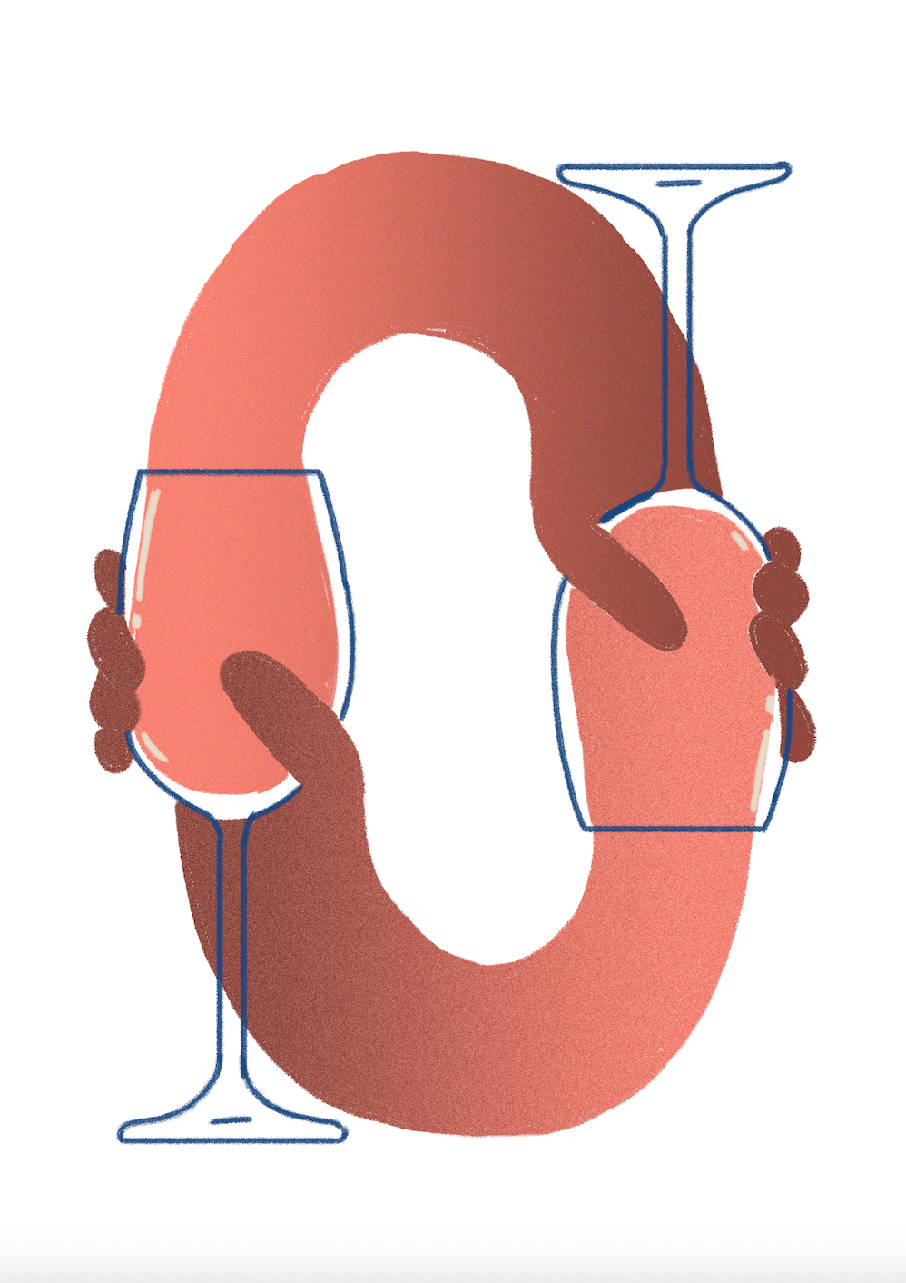 ILUSTRAÇÃO "9 - Óooooo" JOÃO COSTA Ilustração de duas mãos segurando duas taças de vinho rosa, uma normal e outra invertida, criando um círculo