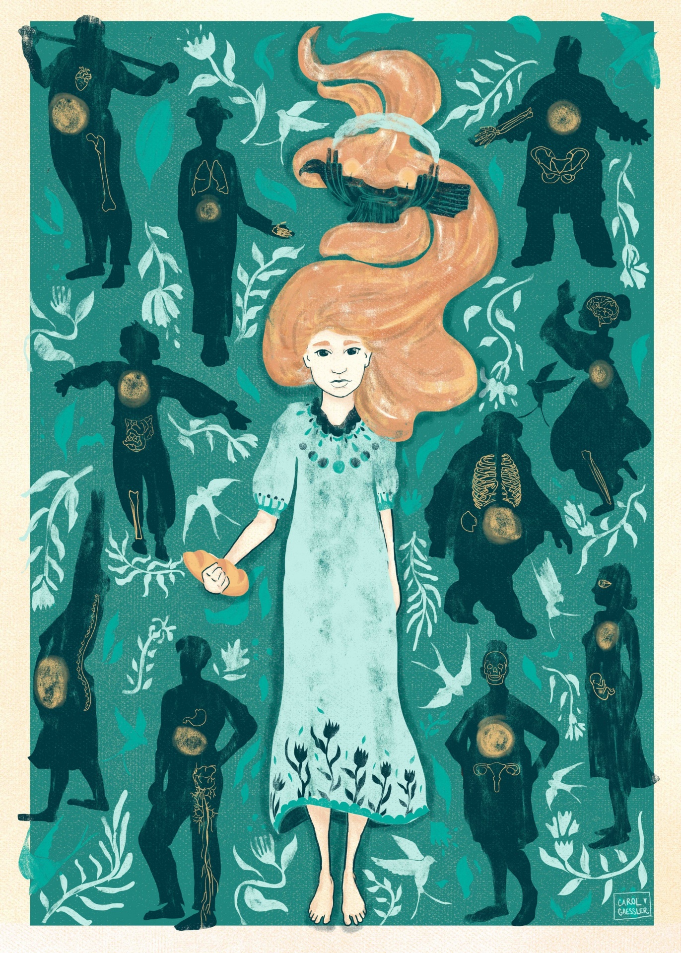 ILUSTRAÇÃO " BLIMUNDA 7 LUAS E AS VONTADES " DE CAROL GAESSLER Ilustração de mulher de vestido azul claro com silhuetas negras e órgãos internos desenhados.