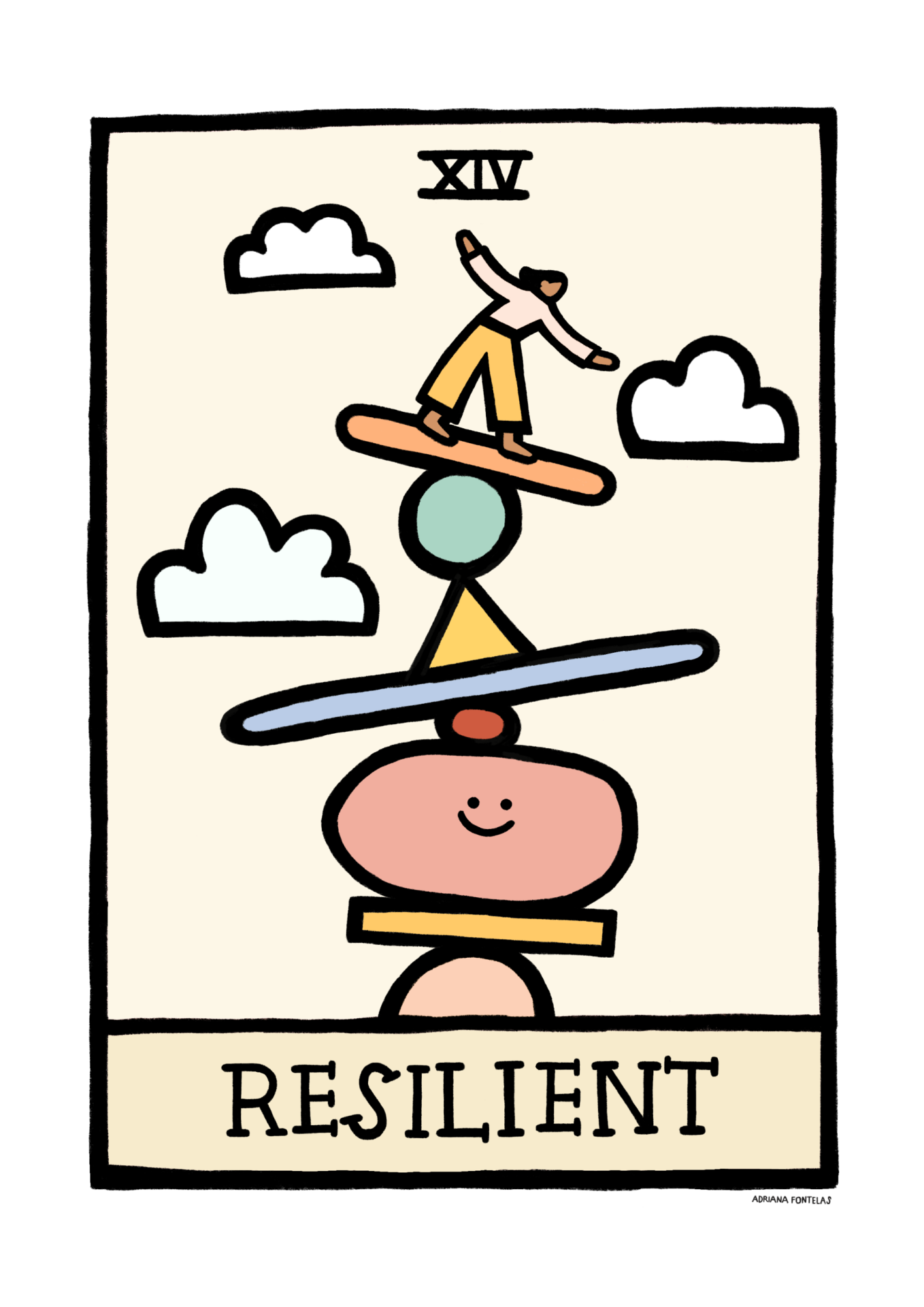 ILUSTRAÇÃO "XIV - RESILIENT" ADRIANA FONTELAS Ilustração de figura humana equilibrando-se em objetos empilhados com o texto RESILIENT.