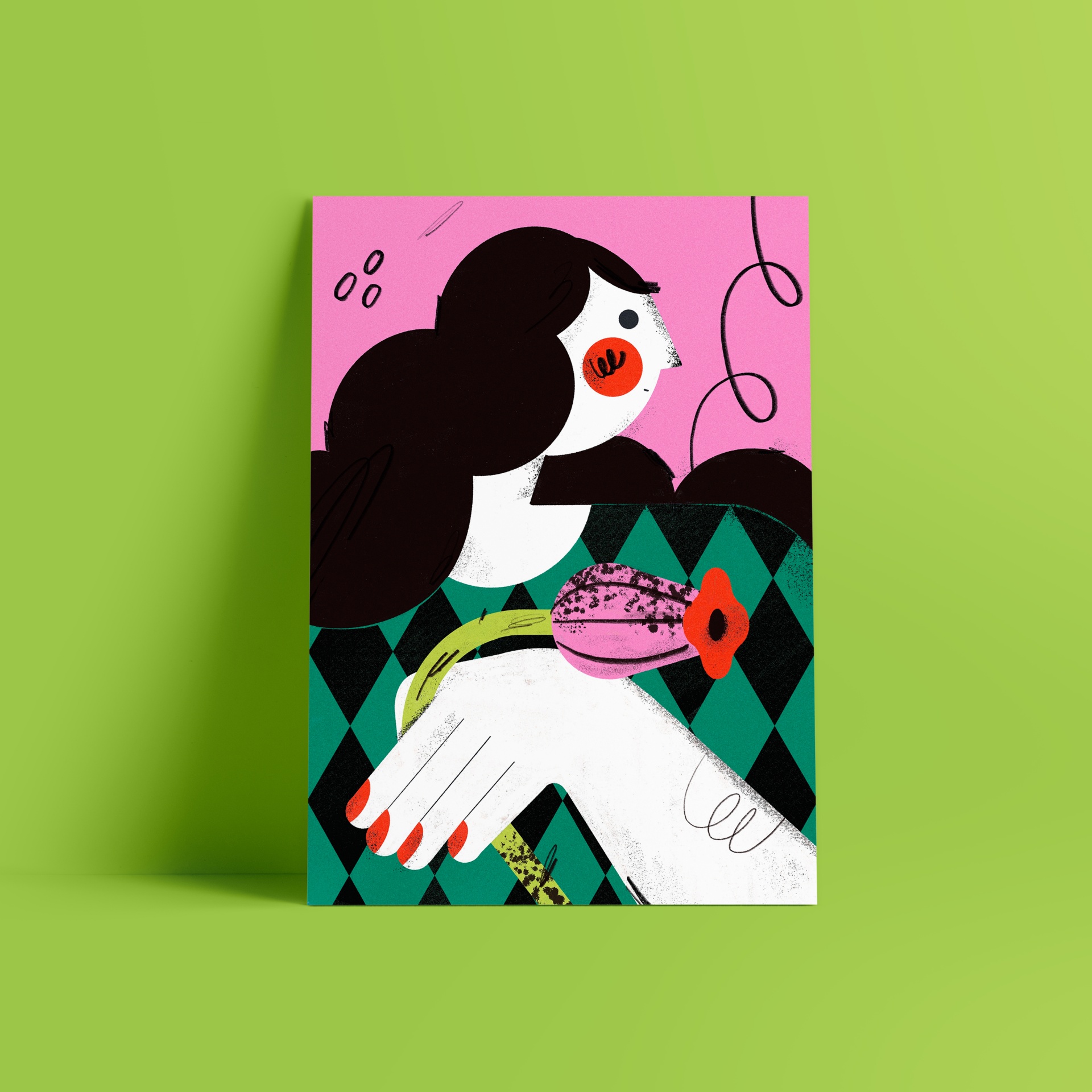 ILUSTRAÇÃO "MANUELA" CATPIVARA Ilustração colorida de mulher estilizada com padrão de losangos e flor vermelha