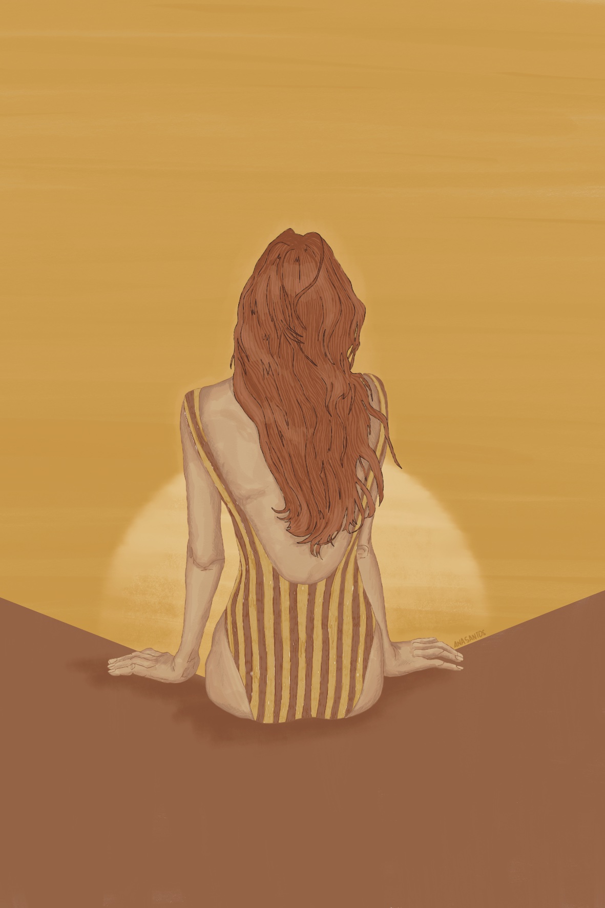 ILUSTRAÇÃO "A ÚLTIMA LUZ I" ANA SANTOS Mulher sentada de costas com maiô às riscas amarelas e castanhas