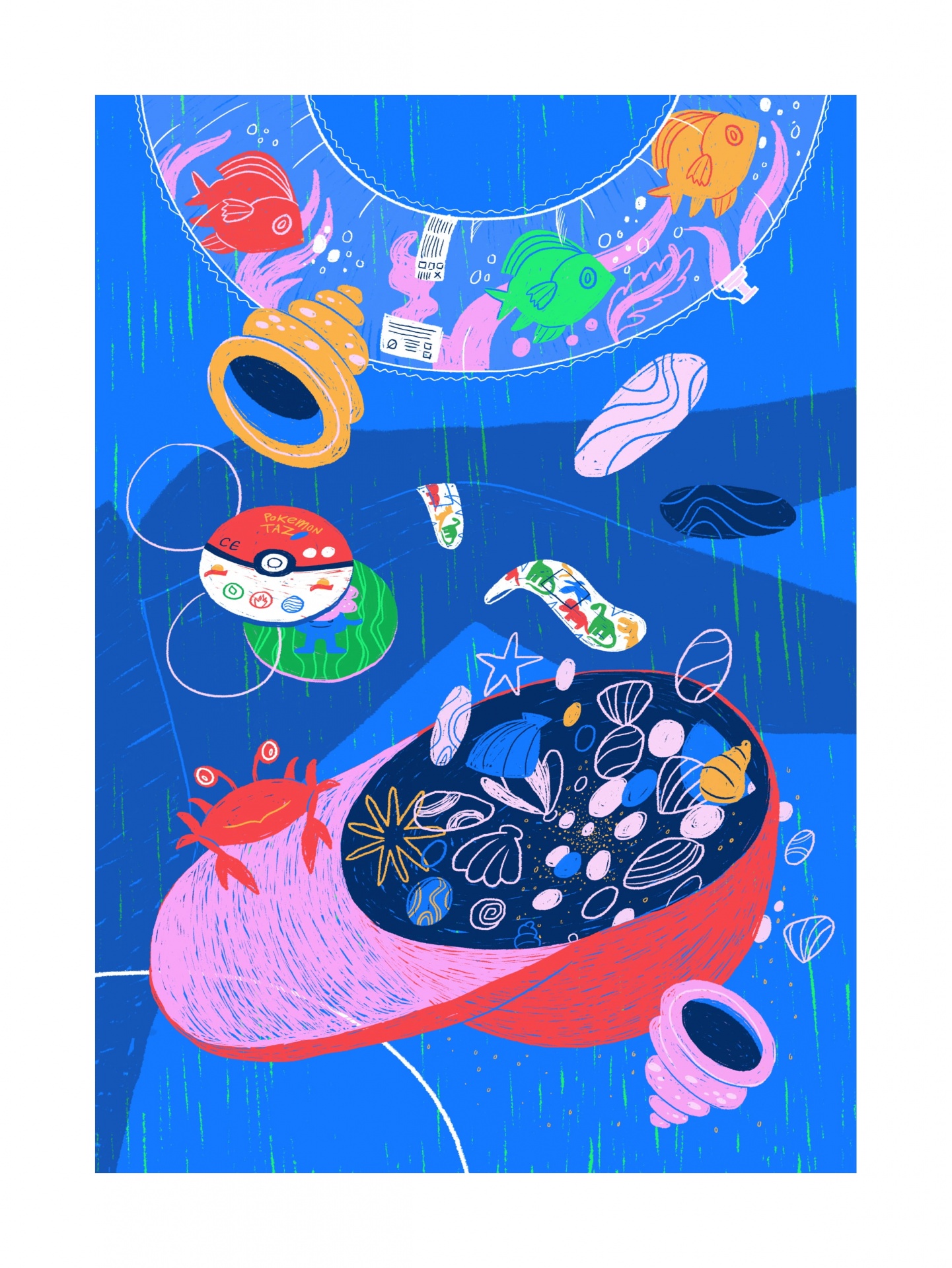 ILUSTRAÇÃO "TIME TRAPPERS 03" MARIA CARLOS CARDEIRO Ilustração colorida com peixes, caranguejo, concha e quebra-cabeças em fundo azul.