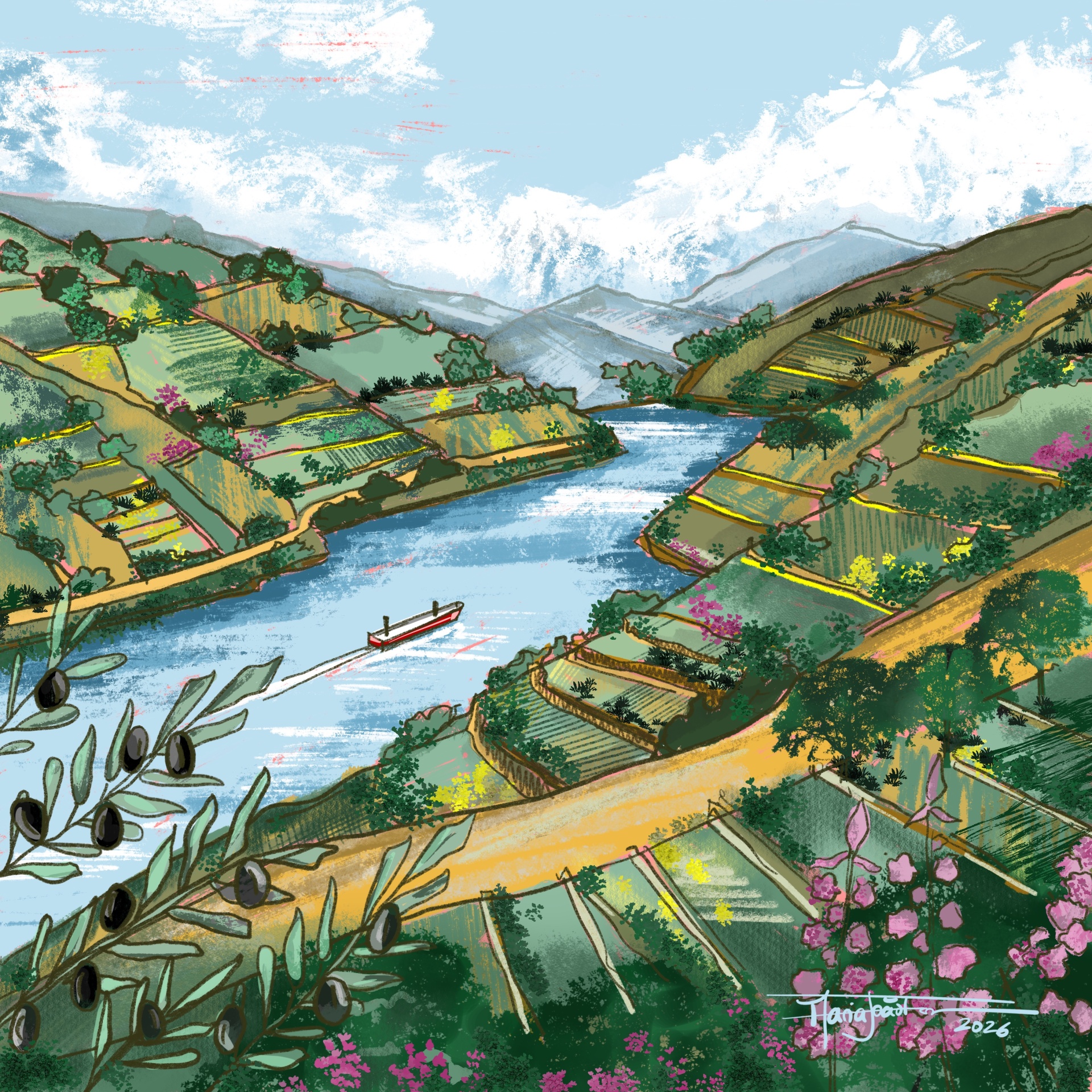 ILUSTRAÇÃO "DOURO I" MARIA JOÃO FARIA Ilustração de um vale com vinhas em socalcos e um rio entre colinas verdes