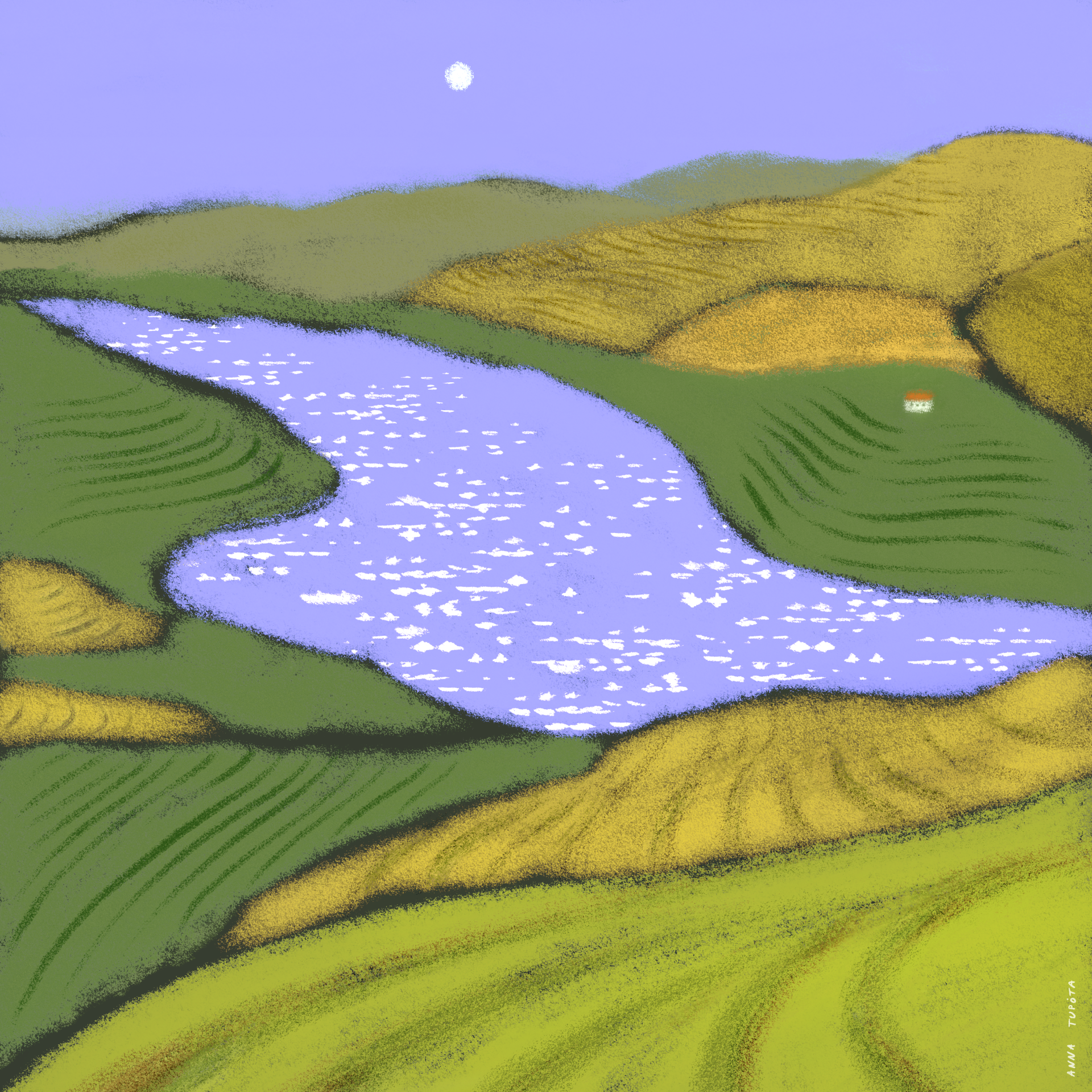 ILUSTRAÇÃO "DOURO II (ENCOSTAS DO DOURO)" ANNA TUPOTA Paisagem digital com colinas, rio e pequena casa branca