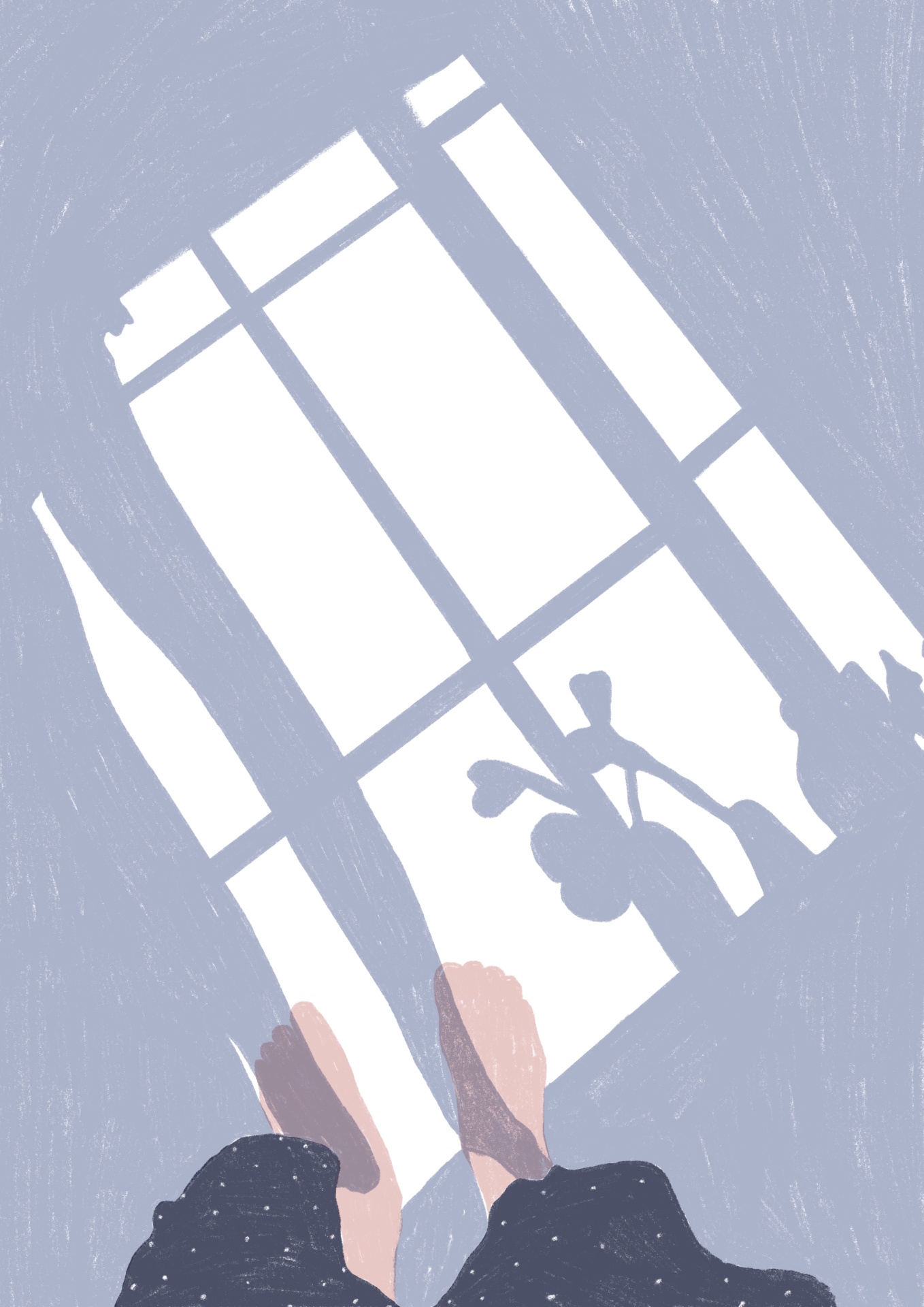 ILUSTRAÇÃO "LUZ E SOMBRAS" GAMBUZINO Sombra de pés e planta projetada em chão com padrão de janelas