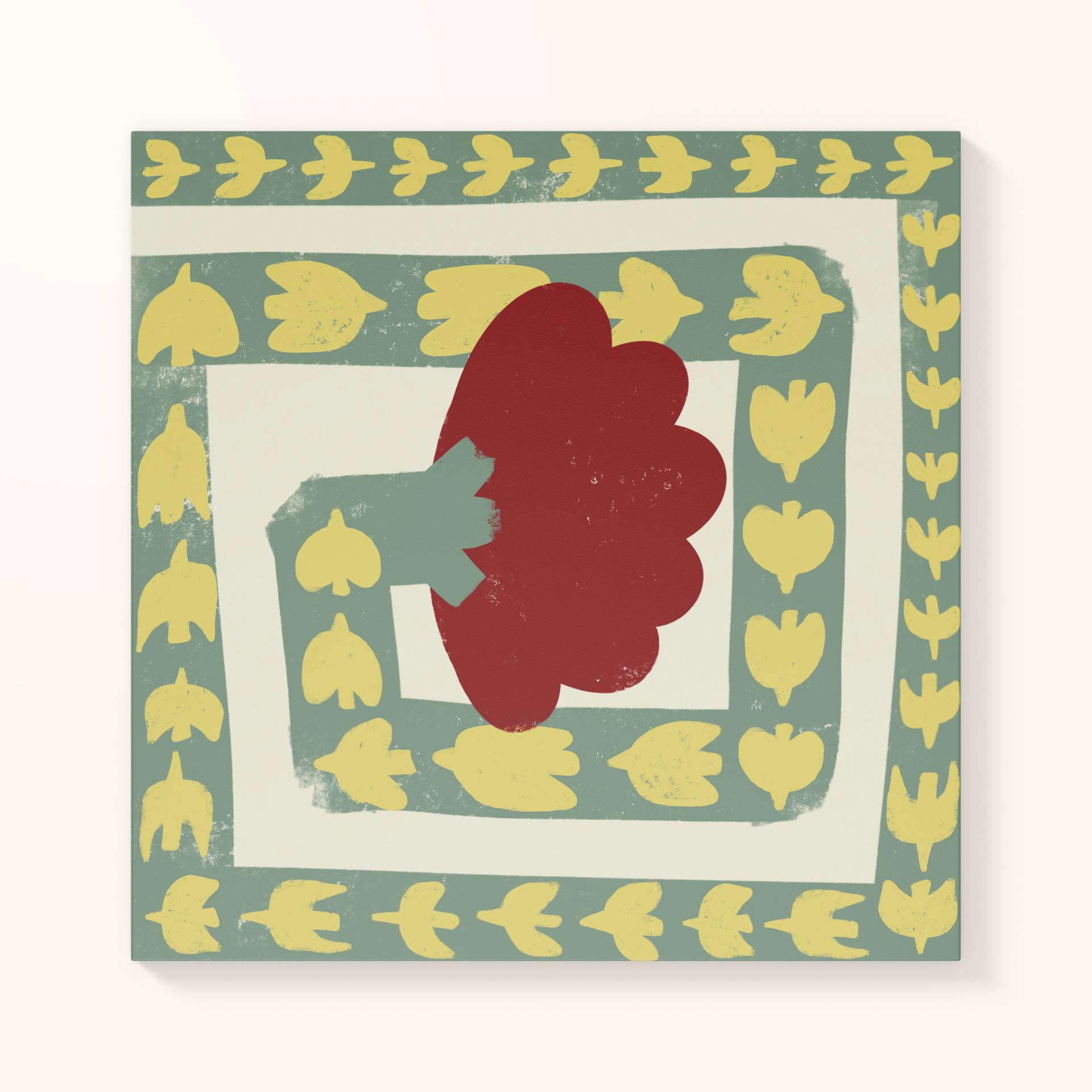 AZULEJO "A LUTA PELA LIBERDADE É UM CICLO SEM FIM" INÊS BARTILOTTI Pano de mesa ou guardanapo com padrão floral e geométrico em verde, amarelo e vermelho