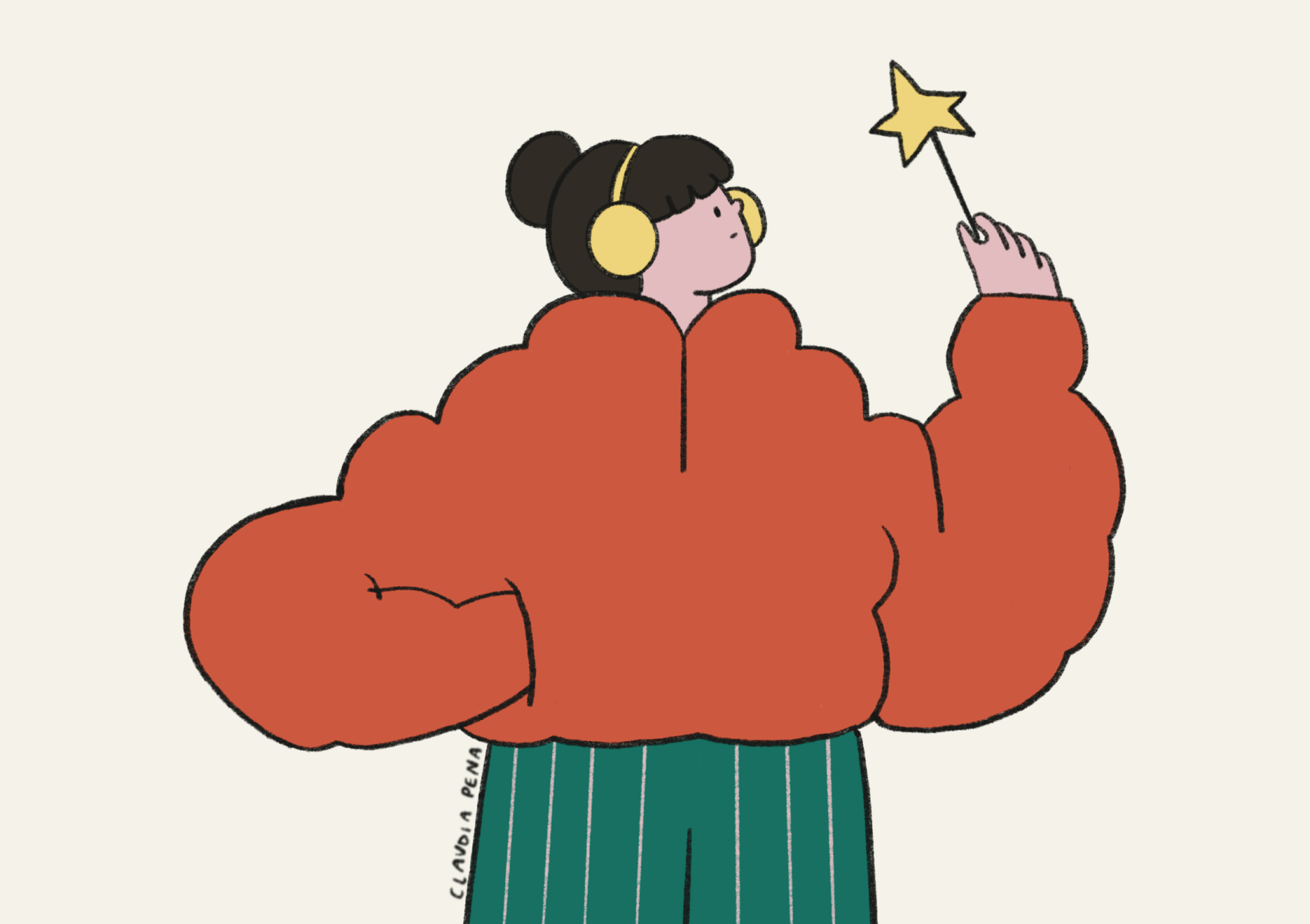 ILUSTRAÇÃO "BRILHA" CLÁUDIA PENA Ilustração de pessoa com casaco vermelho, saia verde e headphones amarelos