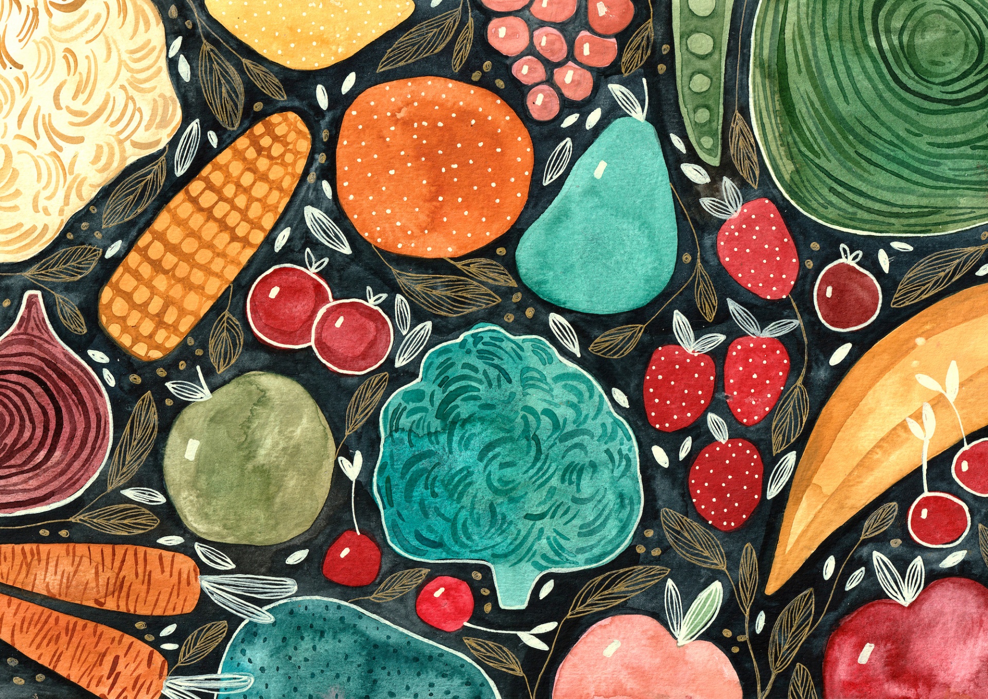 ORIGINAL "DETAILS I" MIRJAM SIIM Padrão colorido de frutas e vegetais pintados em aquarela