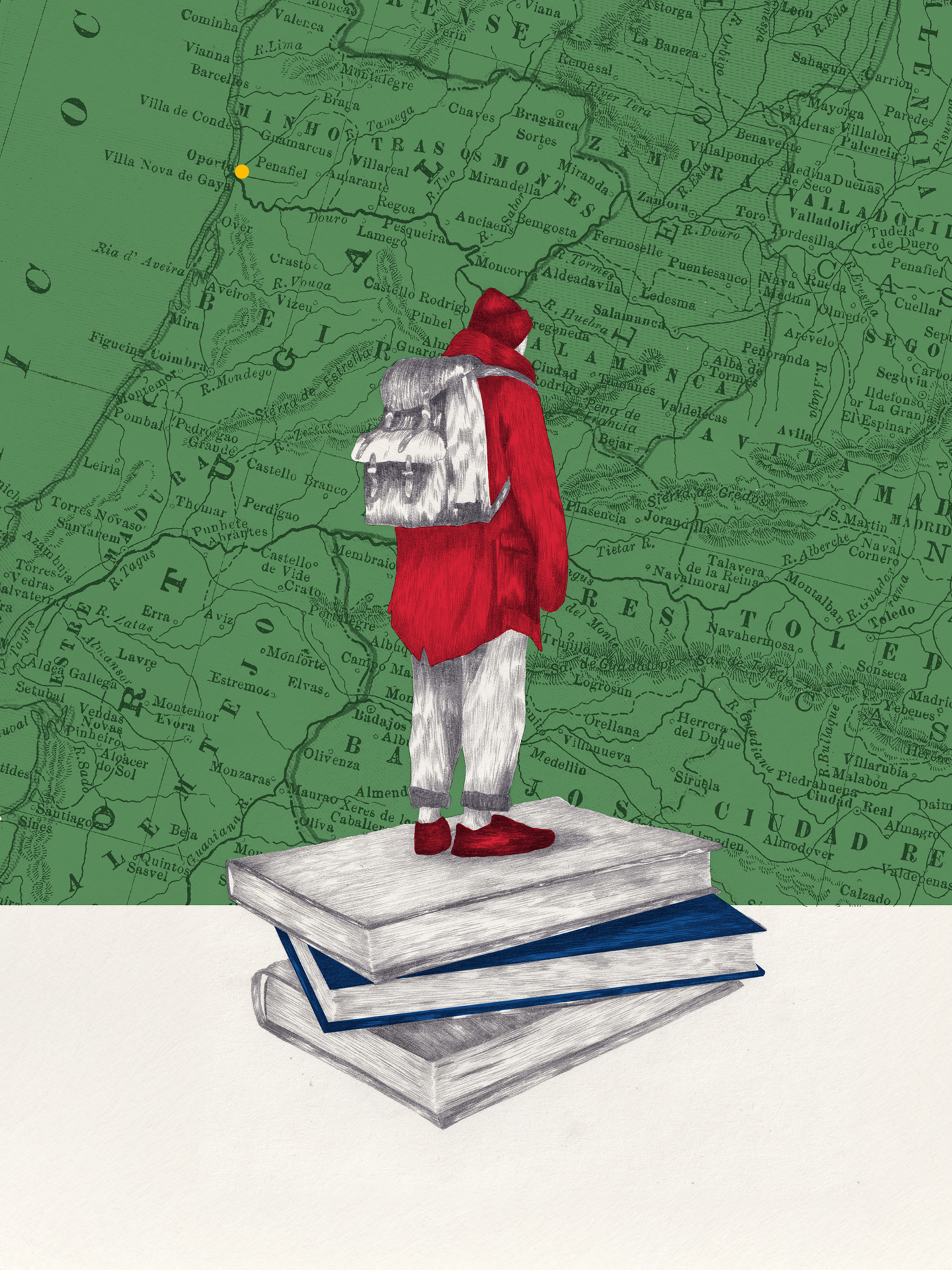 ILUSTRAÇÃO "FOLHEAR" CLÁUDIA SALGUEIRO Pessoa com mochila em cima de livros com fundo de mapa