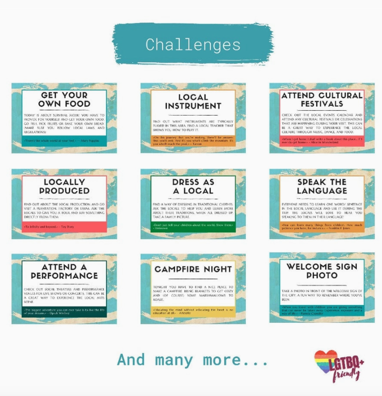TRAVEL CHALLENGES - FAMILY EDITION Quadro com desafios culturais escritos em caixas coloridas e logo LGBTQ+ friendly