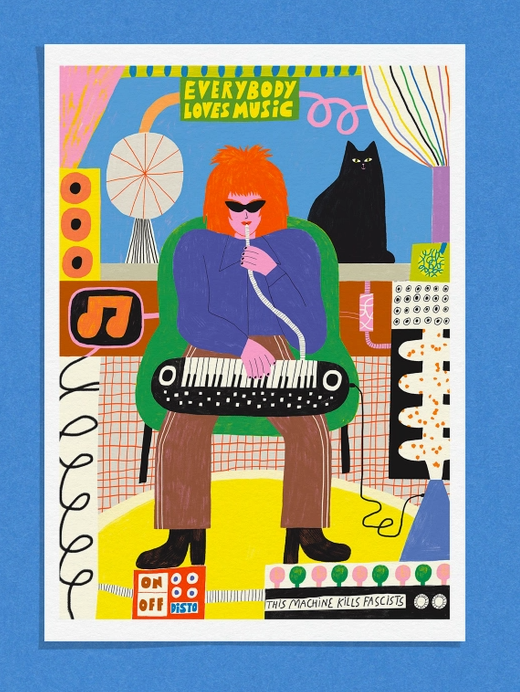 ILUSTRAÇÃO "EVERYBODY LOVES MUSIC" DANS LES DENTS Desenho de músico com cabelo laranja a tocar instrumento e gato preto no fundo