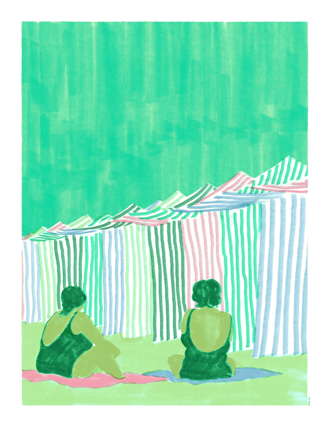 ILUSTRAÇÃO "TANTO FAZ" DIOGO PAIXÃO Duas pessoas sentadas de costas em toalhas com cabines listradas ao fundo