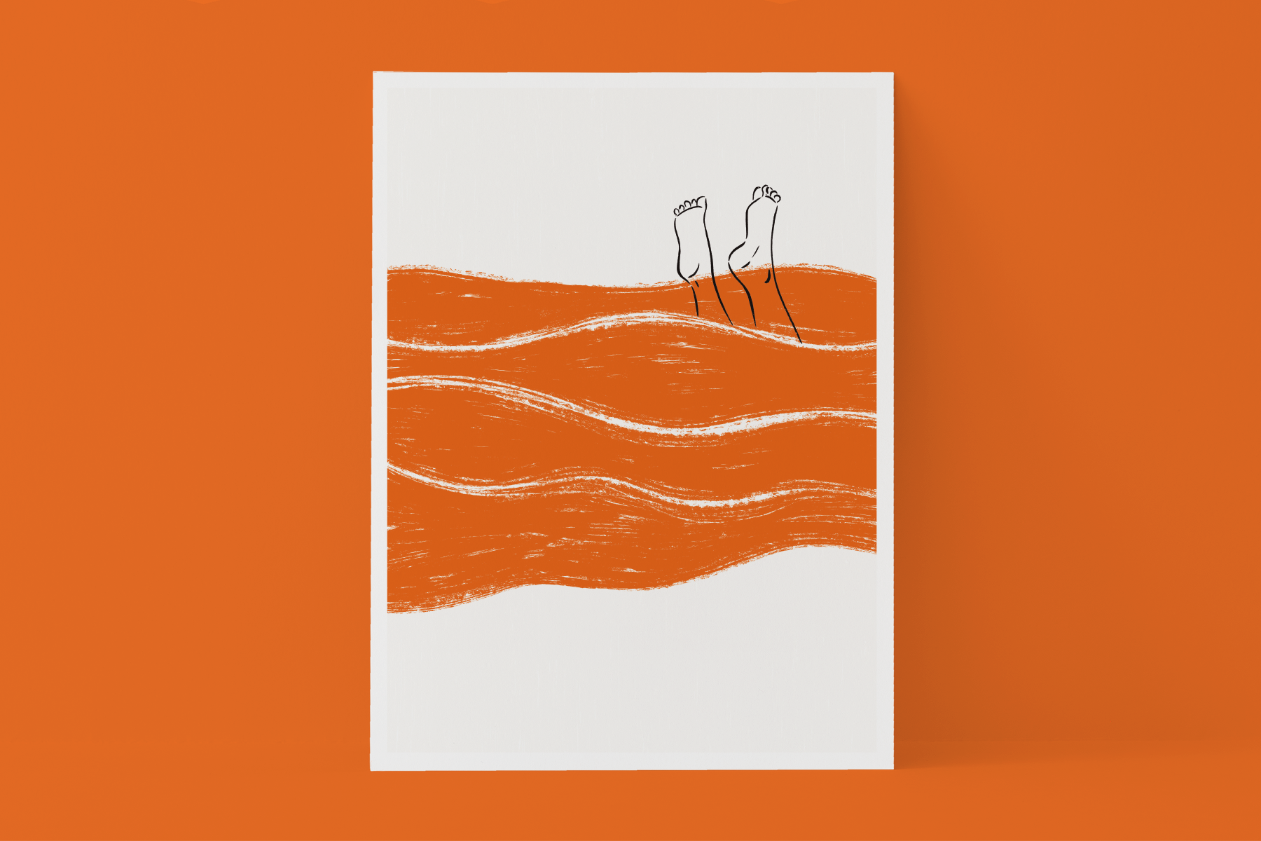 ILUSTRAÇÃO "MAR" JOANA MUNDANA Cartaz branco com padrão de ondas laranja e desenho de pés acima das ondas