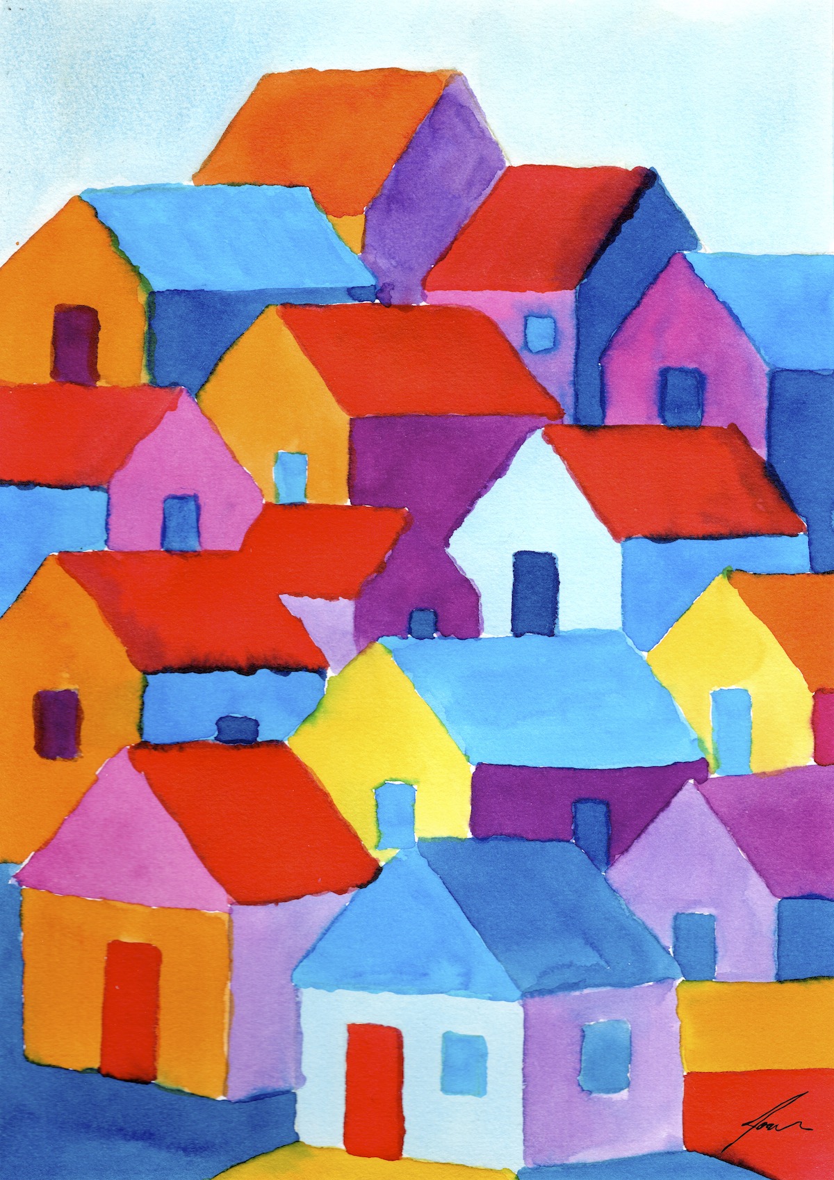 ORIGINAL CASAS COLORIDAS III (PORTUGAL)JOANA NOBREGA Pintura a aguarela de casas coloridas com telhados vermelhos e azuis