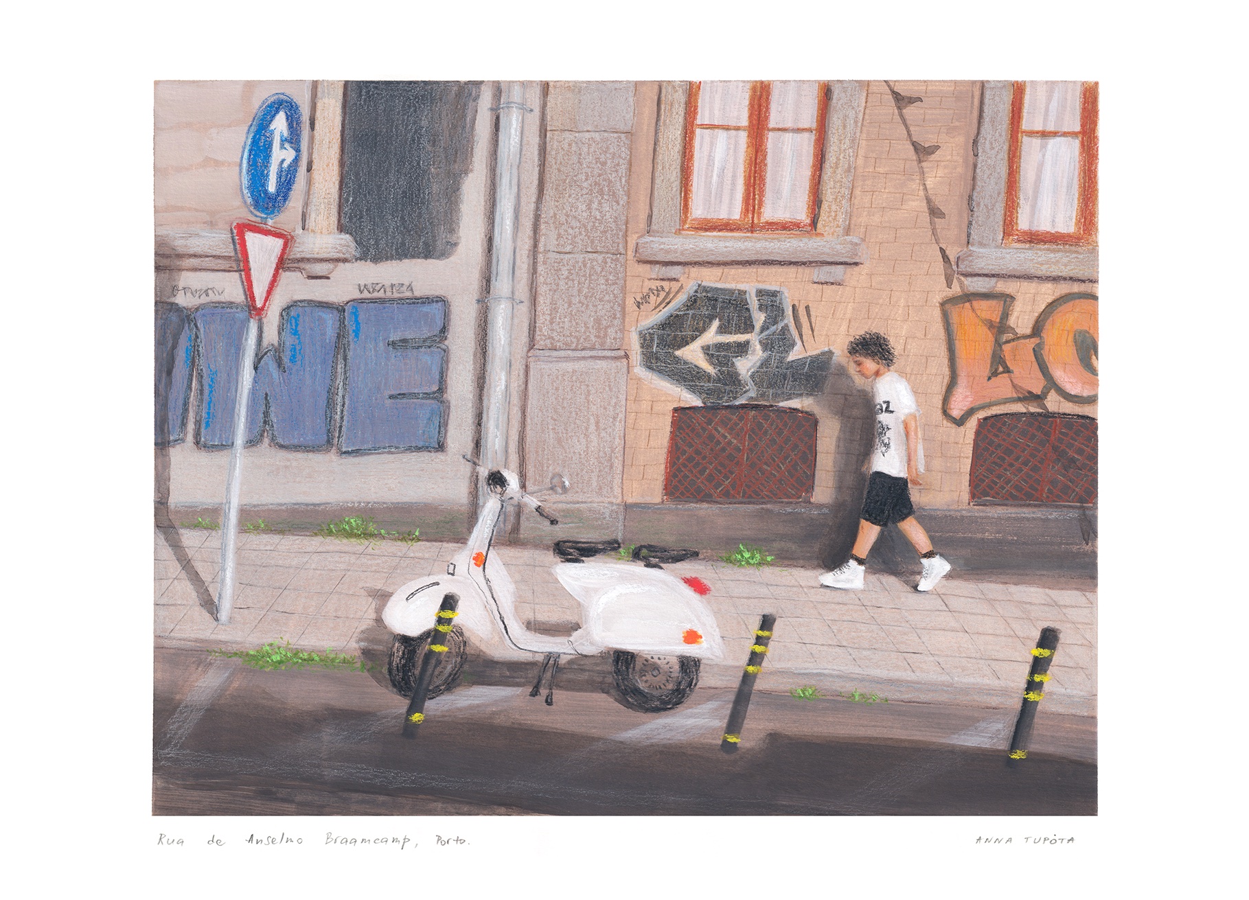 ORIGINAL "RUA DE ANSELMO BRAAMCAMP" ANNA TUPOTA Pintura de scooter branca estacionada numa rua com grafitis e homem a caminhar na passadeira