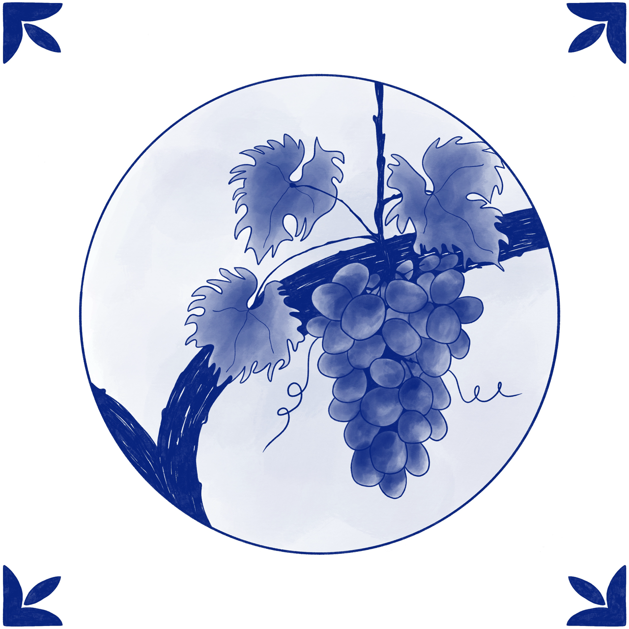 ILUSTRAÇÃO "DOURO II (UVAS)" SUSANA SILVA Azulejo decorativo azul com uvas e folhas sobre ramo e cantos florais