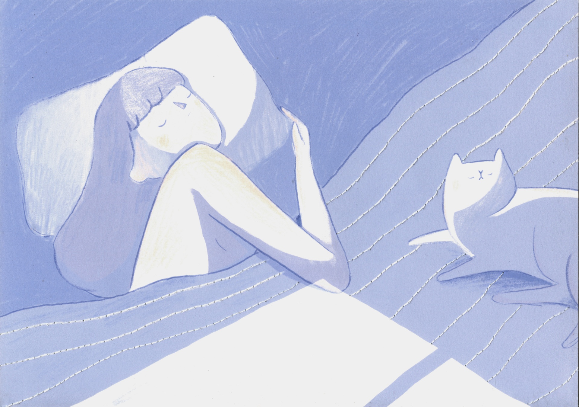 ILUSTRAÇÃO BORDADA "ALBA" GAMBUZINO Pessoa deitada numa cama azul com gato branco ao lado