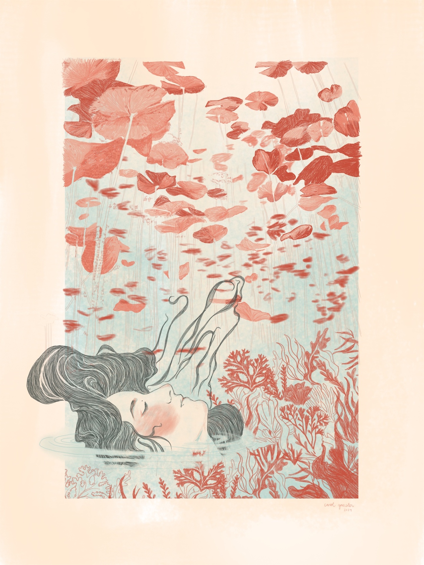ILUSTRAÇÃO "NO SLEEP NO DREAM" CAROL GAESSLER Ilustração artística de uma mulher submersa entre plantas aquáticas vermelhas