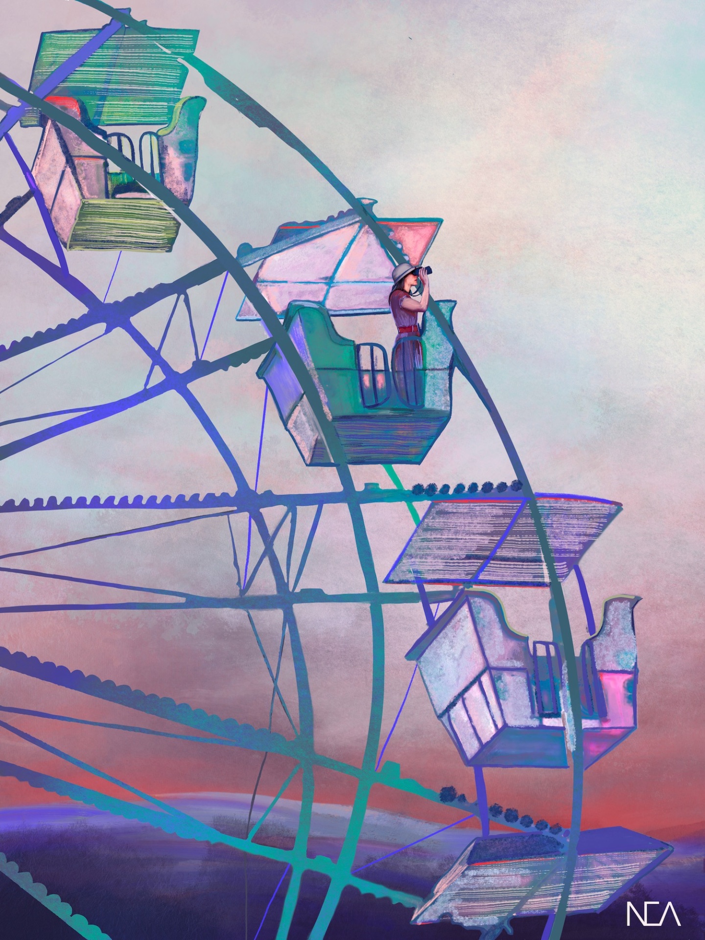 ILUSTRAÇÃO "1. ROUNDABOUT" NEA LIKAR Roda gigante artística com cabines coloridas e fundo pastel