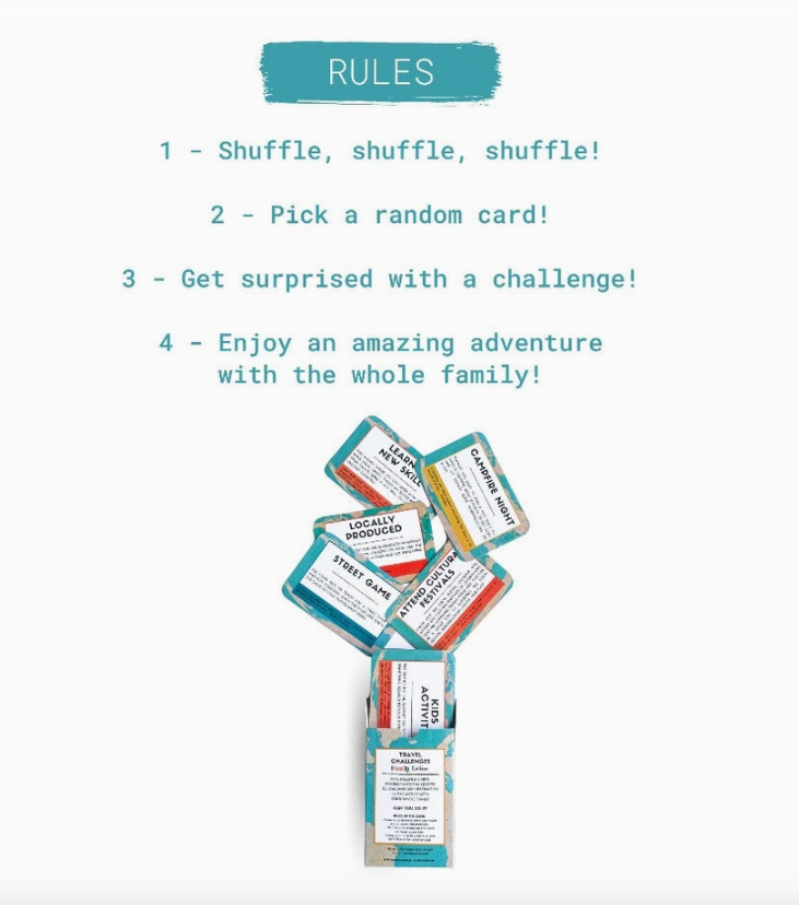 TRAVEL CHALLENGES - FAMILY EDITION Regras do jogo em texto e cartas coloridas com caixa em fundo branco.