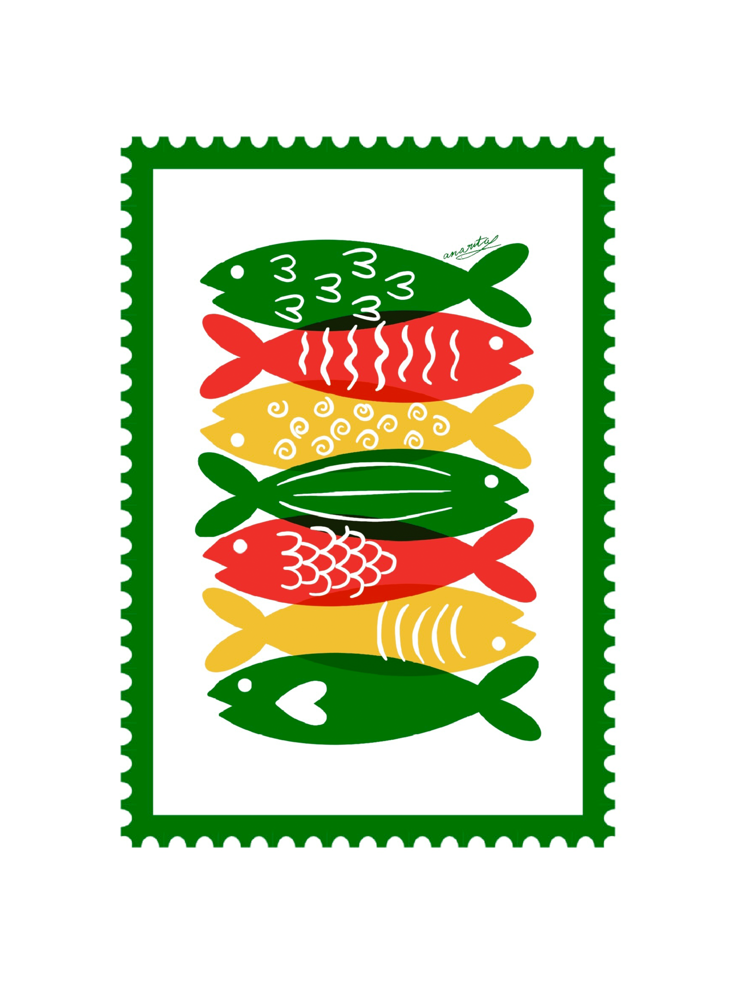 ILUSTRAÇÃO "2. VAMOS PUXAR A BRASA À NOSSA SARDINHA" ANA RITA ROBALO Ilustração de carimbo com peixes coloridos empilhados e borda verde