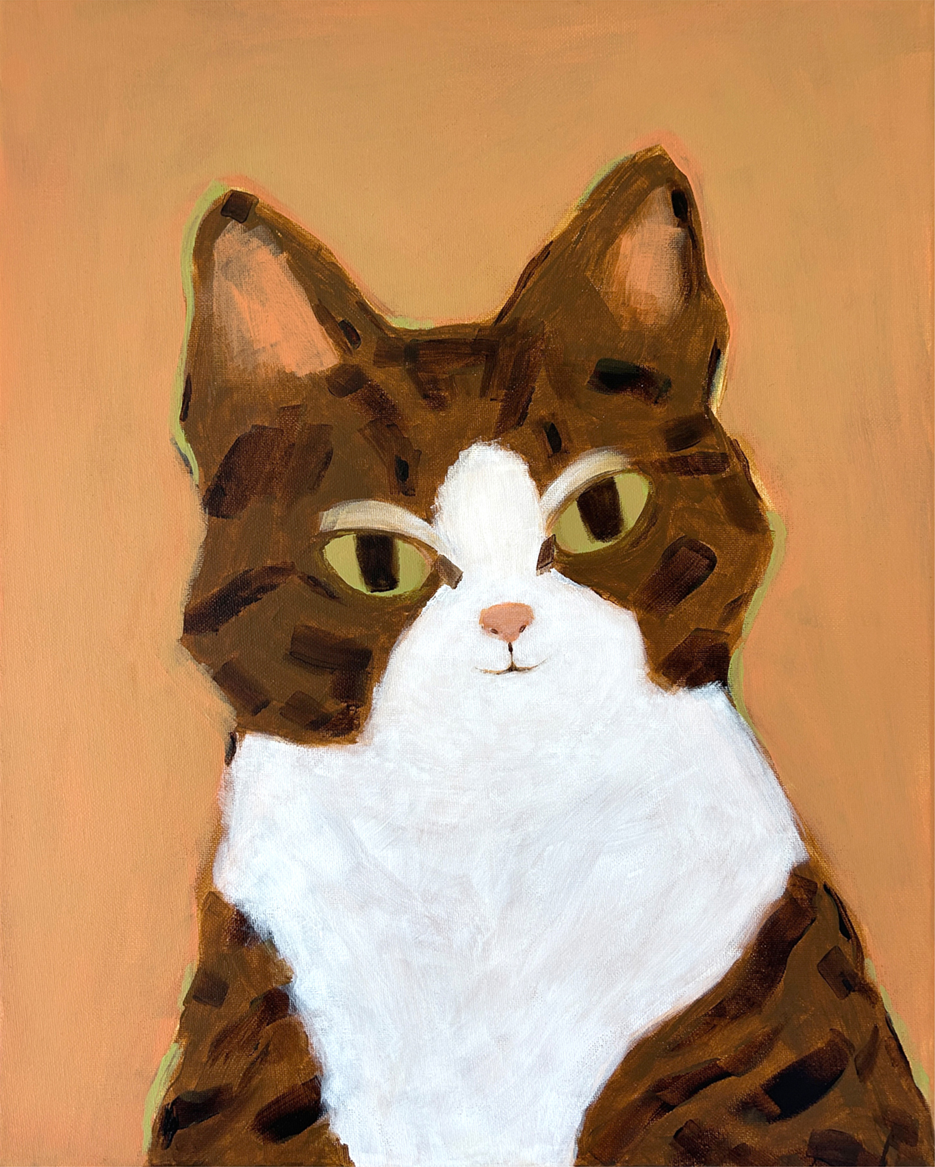 ORIGINAL "GATA" ANNA TUPOTA Pintura de um gato castanho e branco com fundo laranja
