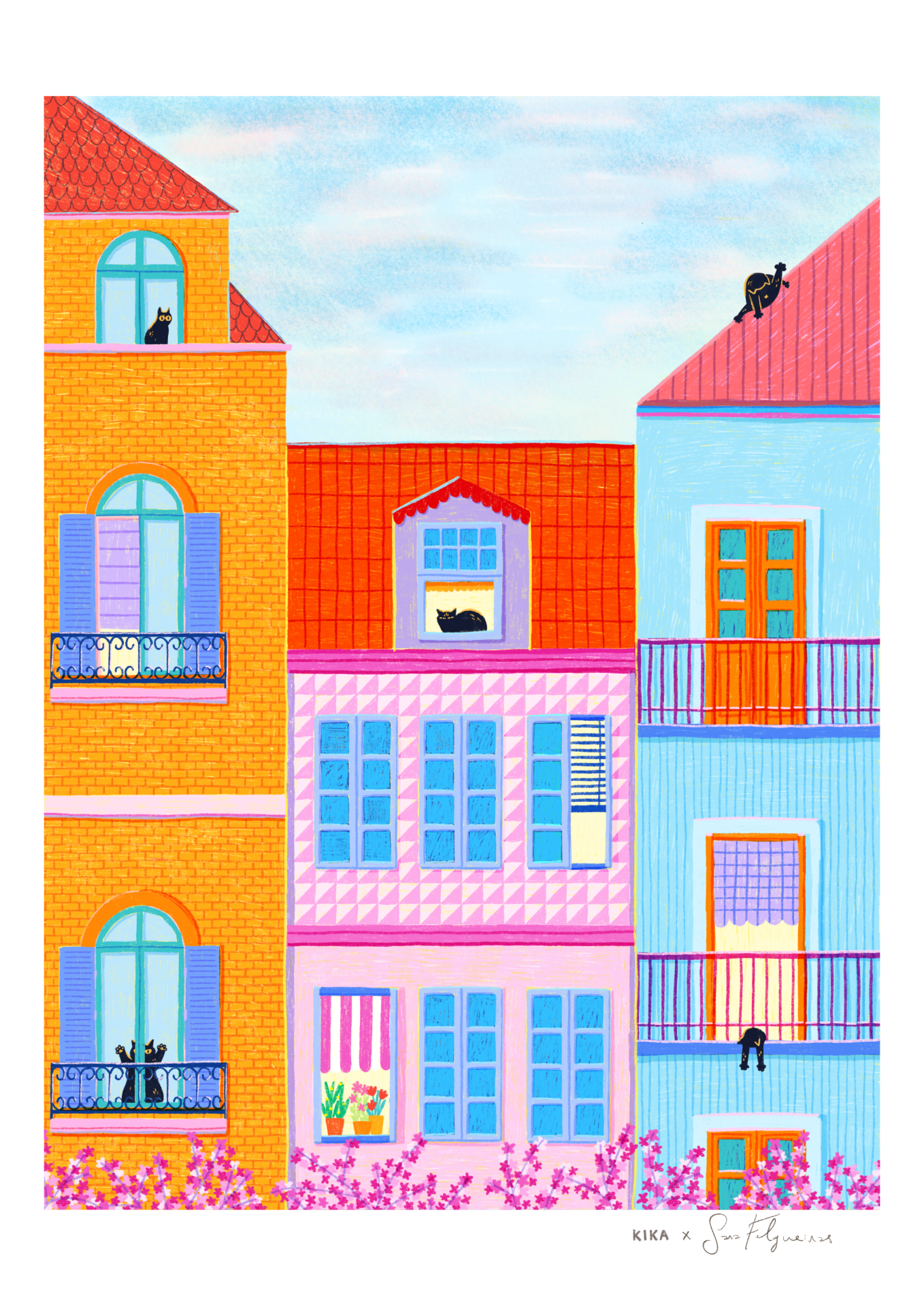 ILUSTRAÇÃO "KITTY CITY- SPRING" KIKA E SARA FELGUEIRAS Edifícios coloridos com janelas e gatos pretos visíveis em várias partes da imagem