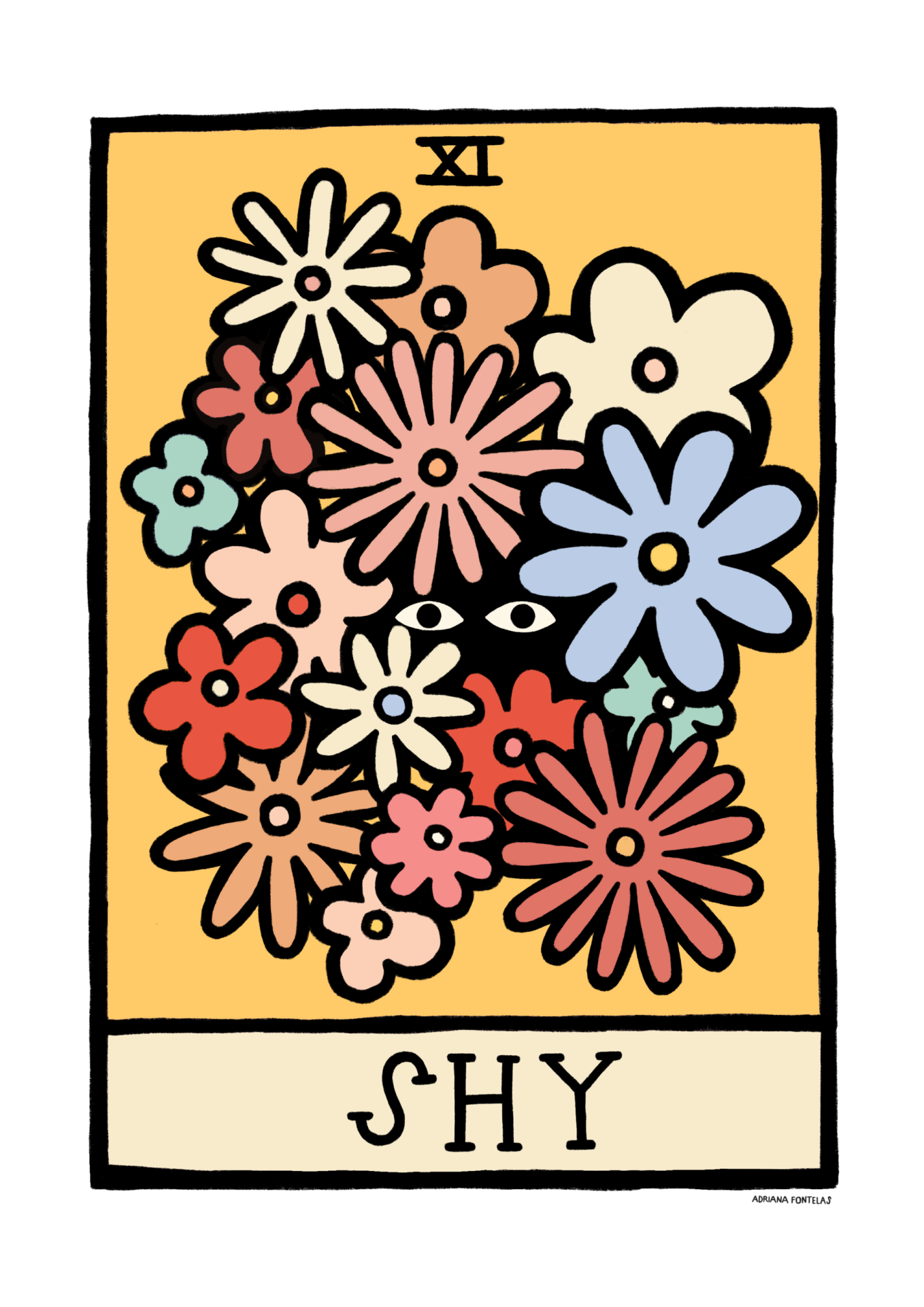 ILUSTRAÇÃO "XI - SHY" ADRIANA FONTELAS Ilustração colorida de flores com olhos e texto SHY