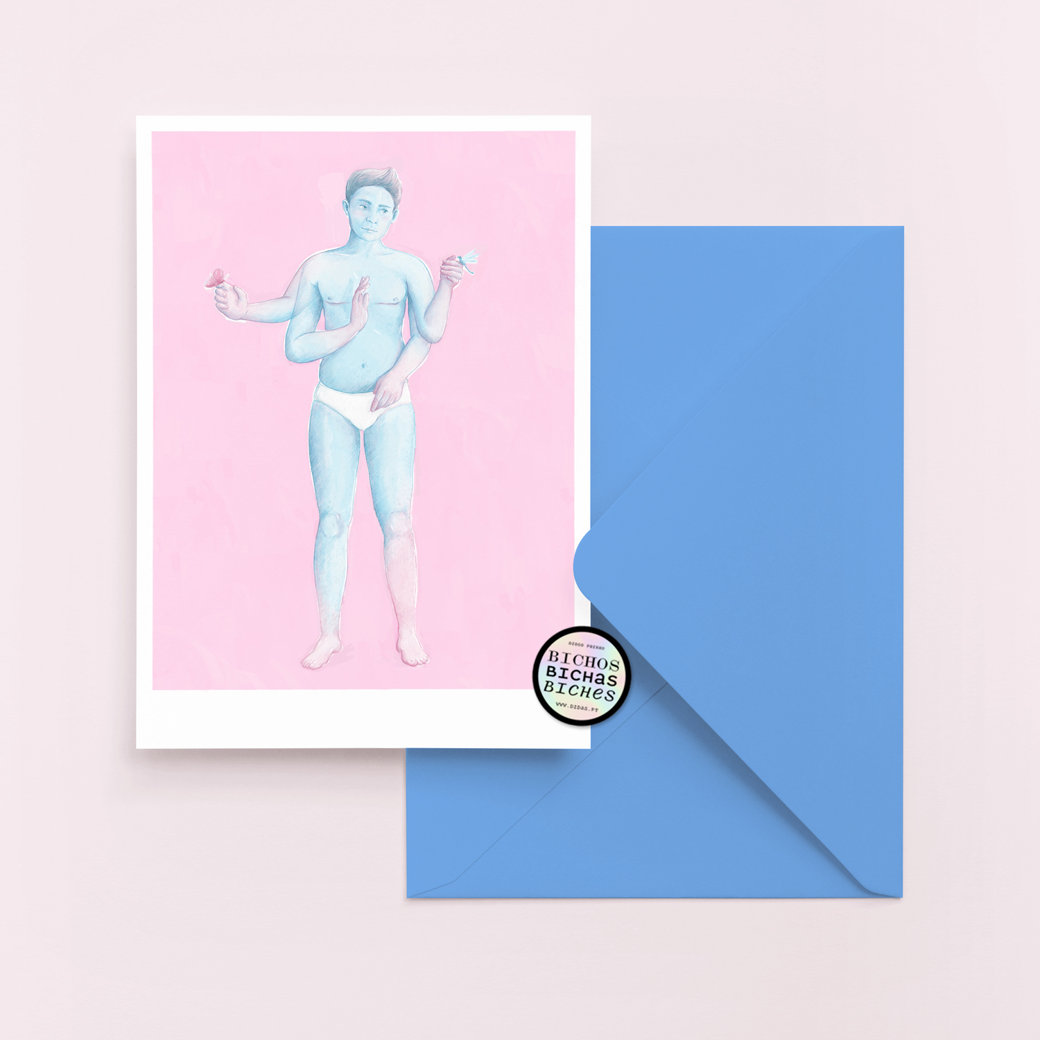 ILUSTRAÇÃO "CAENEUS" DIOGO PAIXÃO Cartão postal com ilustração de homem de quatro braços e envelope azul com selo redondo
