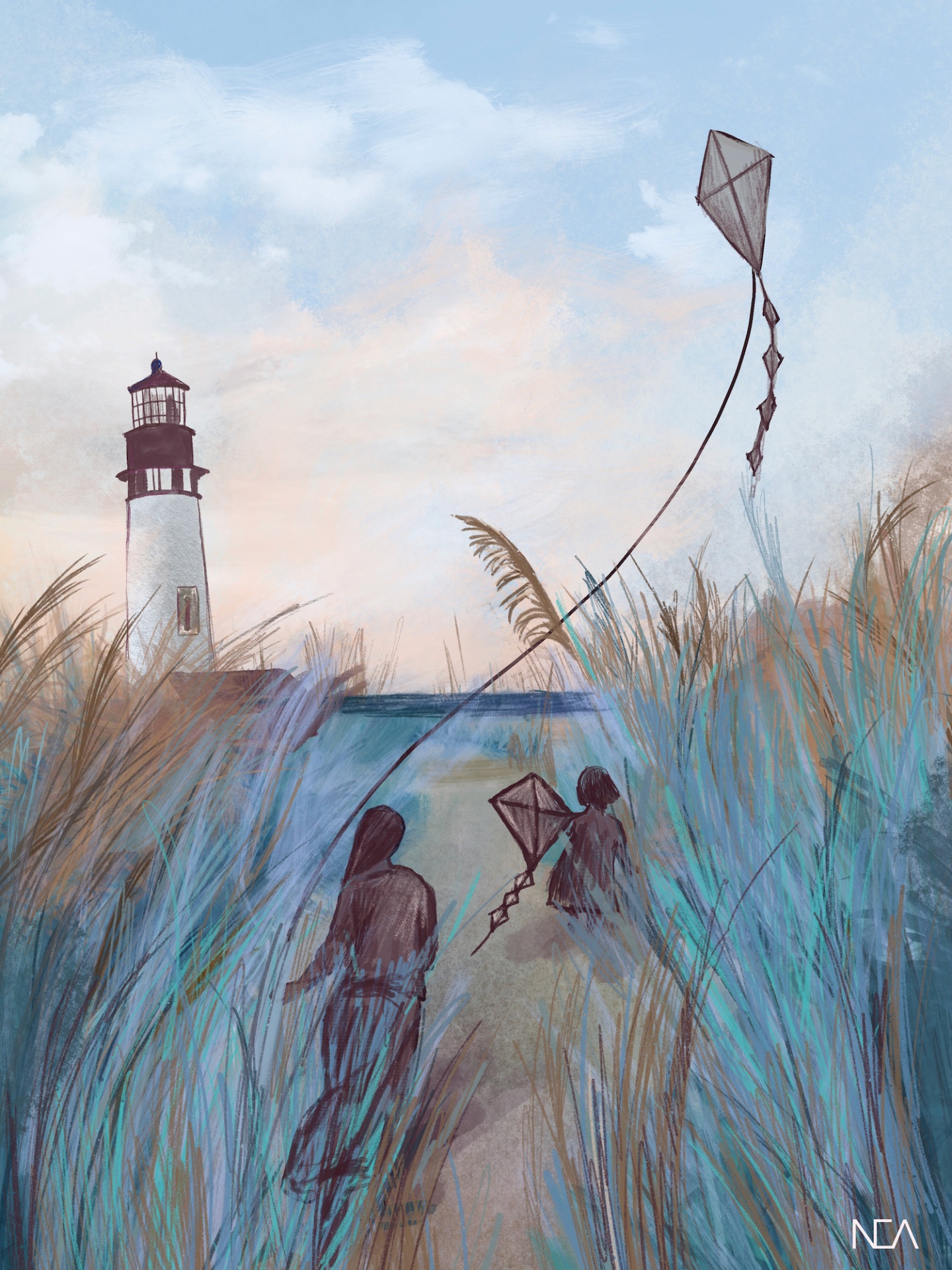 ILUSTRAÇÃO "14. MOTHERHOOD" NEA LIKAR Ilustração de farol com pessoas a voar pipas num trilho entre relva alta