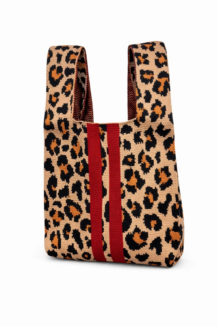 MALA DE MALHA LEOPARDO M- TOKEII KNIT STUDIO Mala de tecido com padrão animal print castanho e riscas vermelhas.
