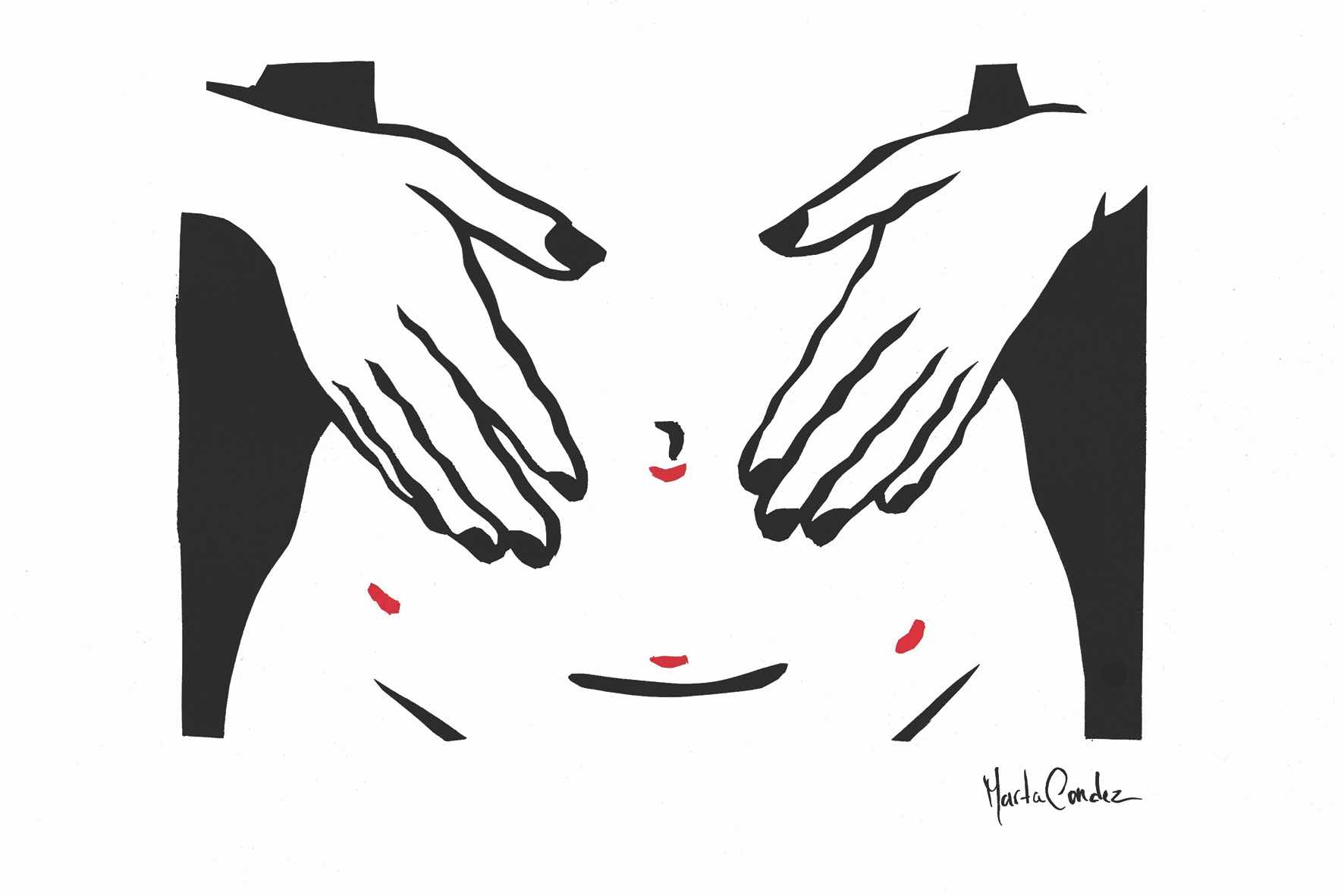 ILUSTRAÇÃO "TECIDO FIBROSO" MARTA CONDEZ Desenho minimalista de mãos sobre uma barriga com detalhes vermelhos