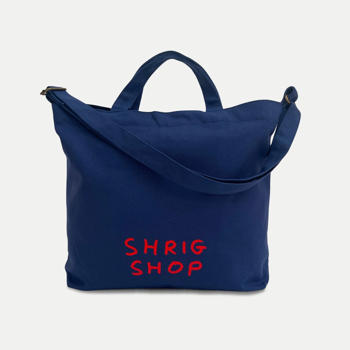 BOLSA "THE MOON MAKES US CRAZY" - DAVID SHRIGLEY Mala azul escuro com texto vermelho SHRIG SHOP