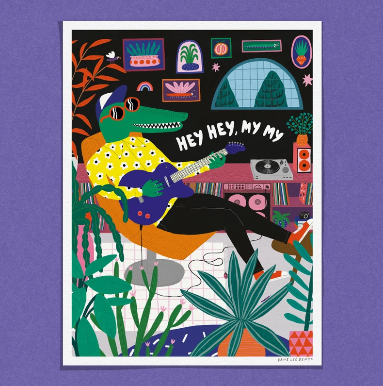 ILUSTRAÇÃO "HEY HEY, MY MY" DANS LES DENTS Ilustração de crocodilo a tocar guitarra com plantas e quadros ao fundo