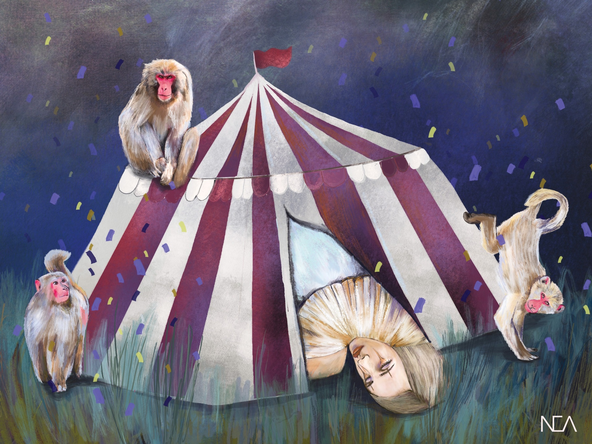 ILUSTRAÇÃO "10. NOT MY CIRCUS NOT MY MONKEYS" NEA LIKAR Ilustração de tenda de circo vermelha e branca, macacos babuínos e figura humana saindo da tenda