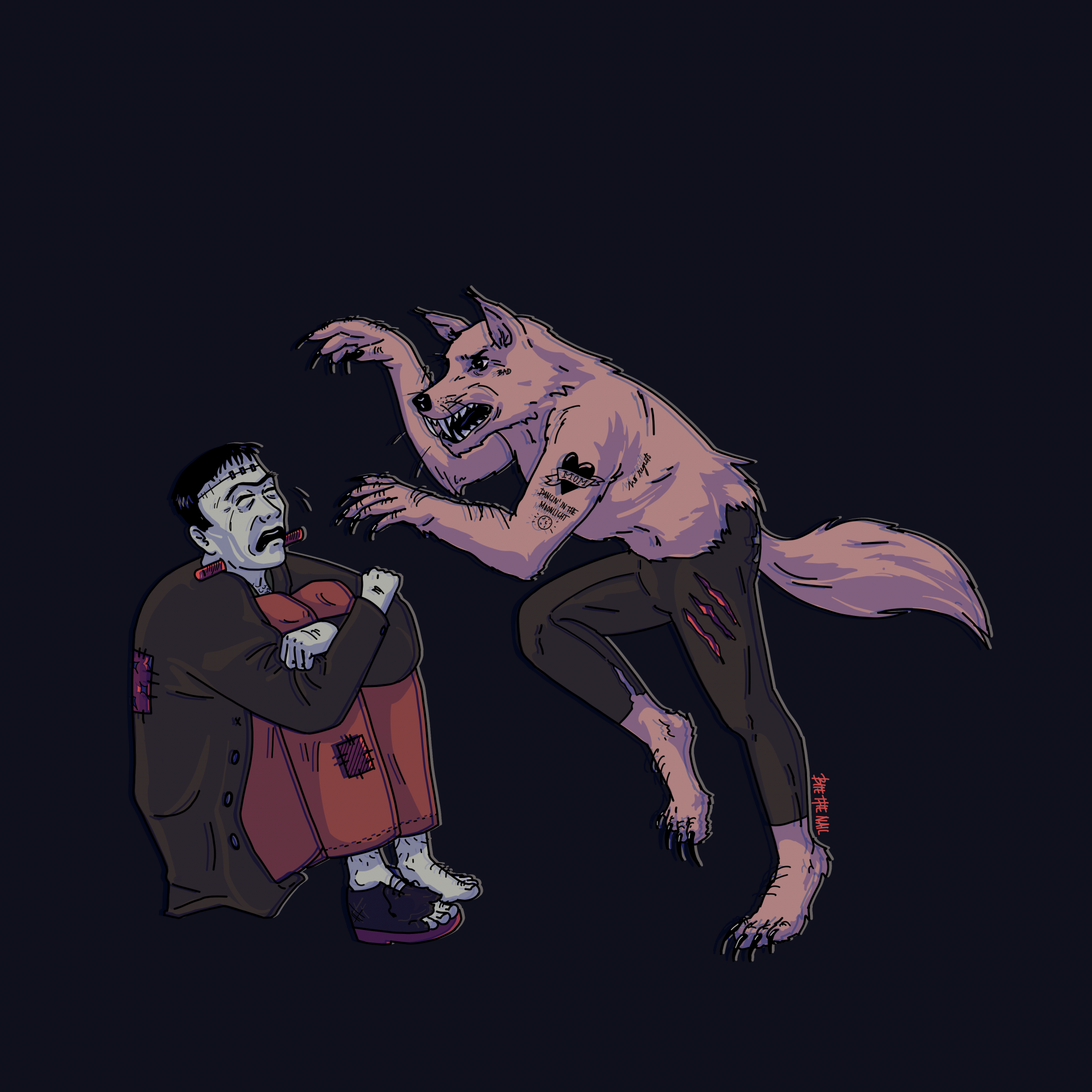 "SUSTO DE MORTE"( FRANKENSTEIN + LOBISOMEM) DE BITE THE NAIL - QUEM VAIS SER? O QUE VAIS FAZER? DOCE OU TRAVESSURA? Ilustração de figura humana assustada e criatura antropomórfica tipo lobo em fundo negro.