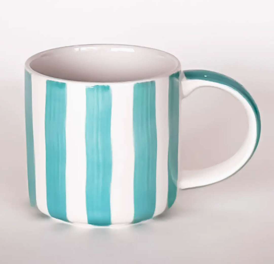 CANECAS STRIPE - MAGAZIN MINORI Caneca cerâmica riscas azul-turquesa e branco com alça azul-turquesa